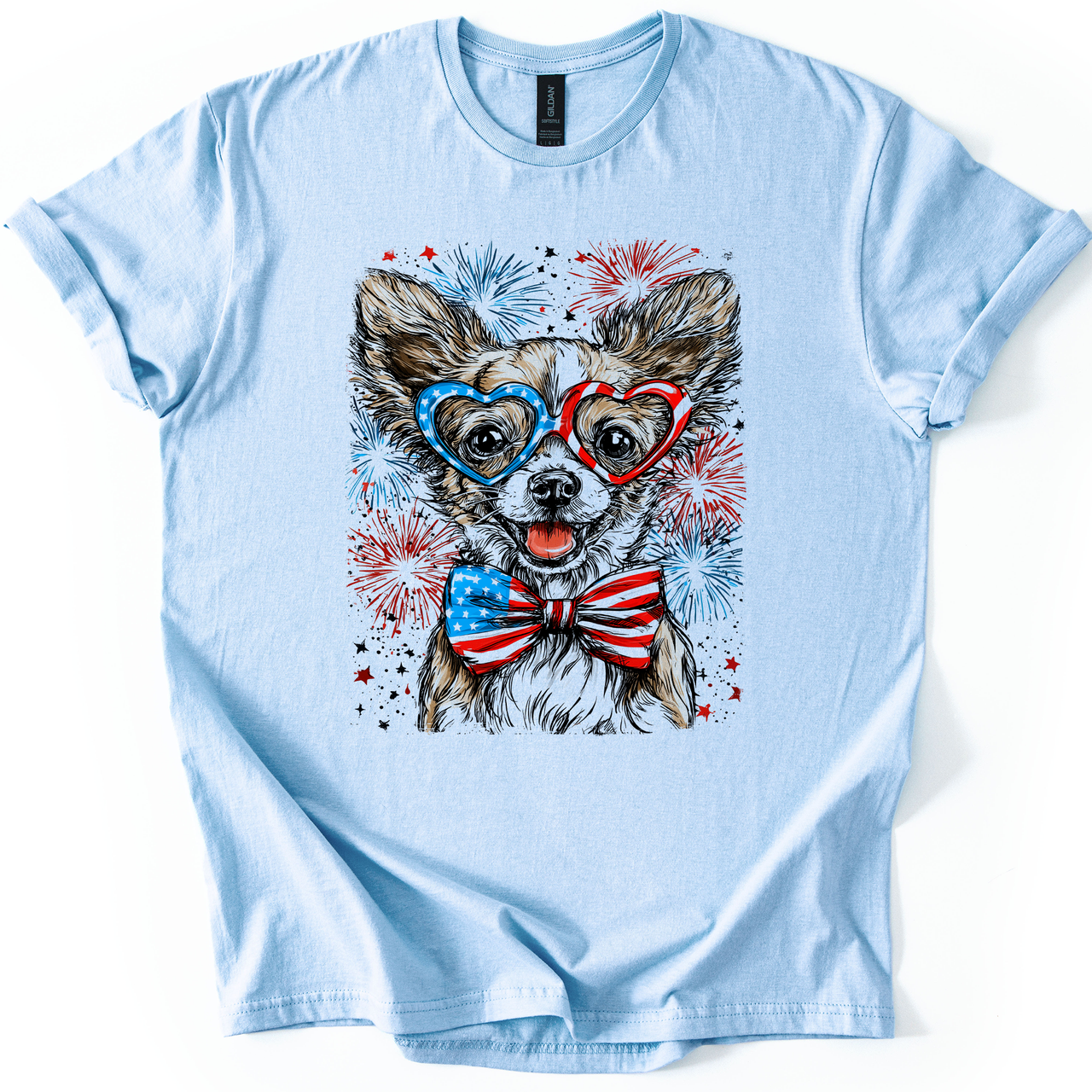 Chihuahua Patriotic Dog USA Flags Red White Blue Star Spangled Pet Lover 4th of July Graphic Tee