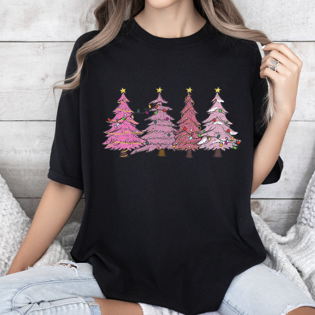 Retro Pink Christmas Trees Comfort Colors Tee