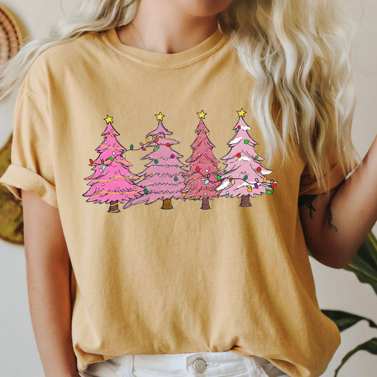 Retro Pink Christmas Trees Comfort Colors Tee