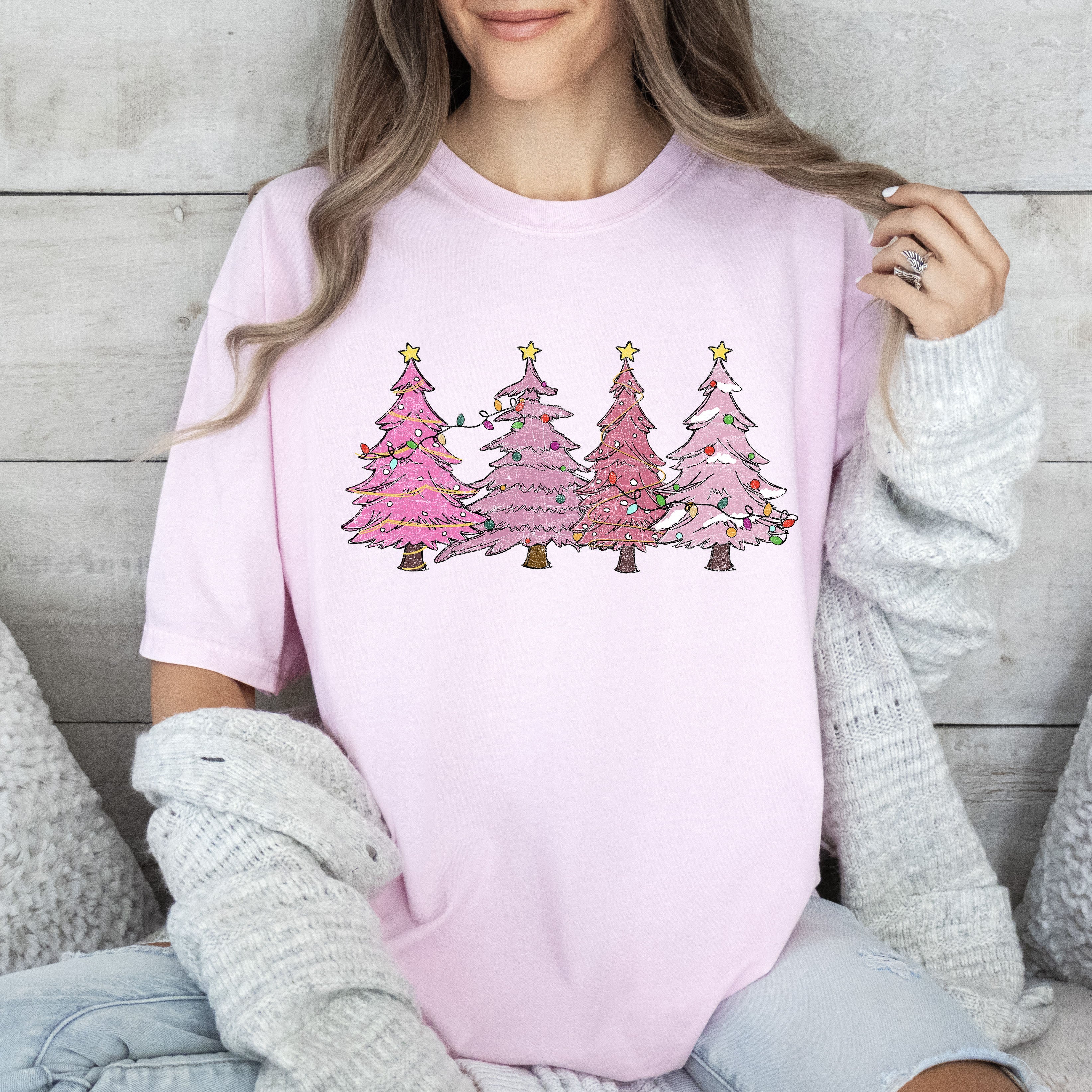 Retro Pink Christmas Trees Comfort Colors Tee
