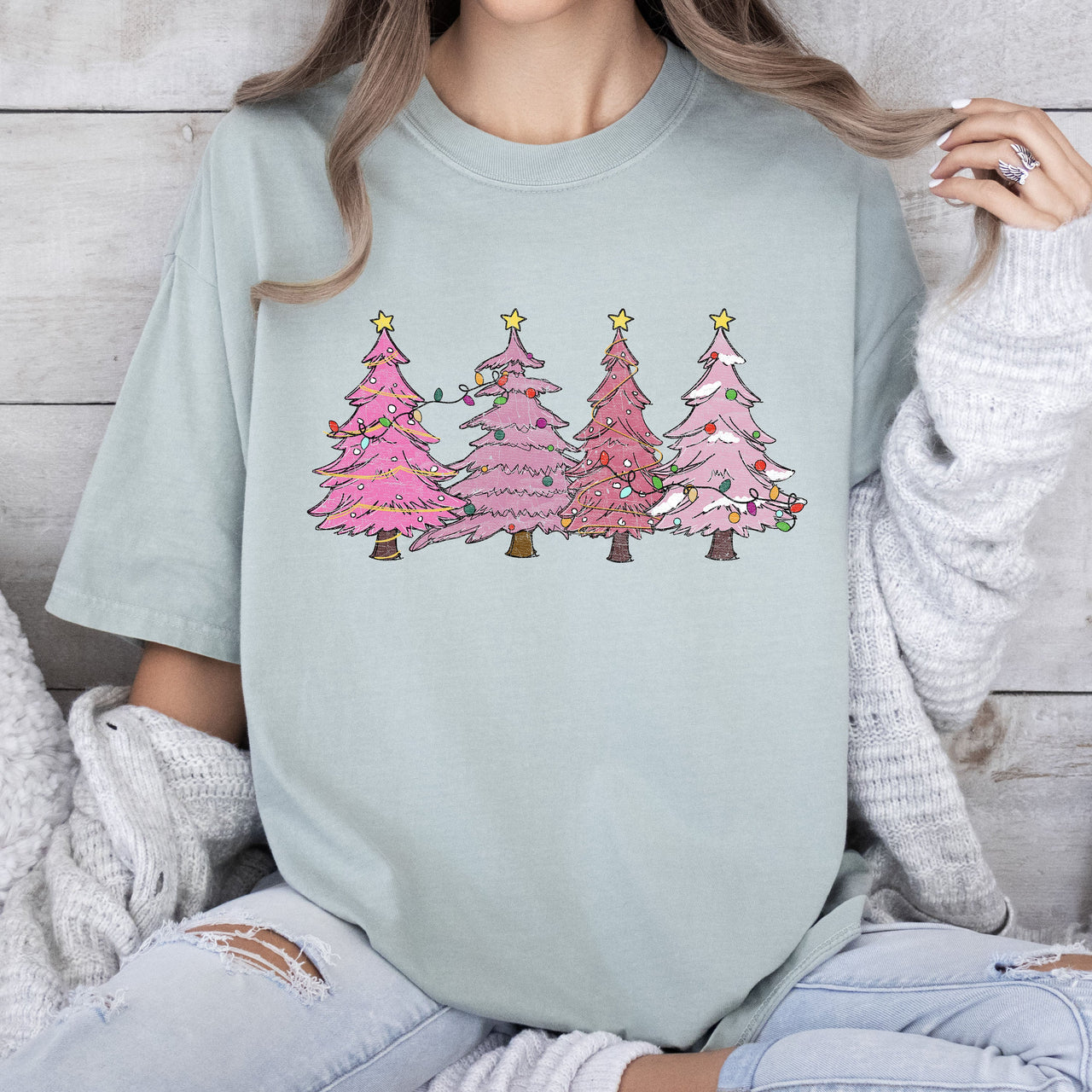 Retro Pink Christmas Trees Comfort Colors Tee