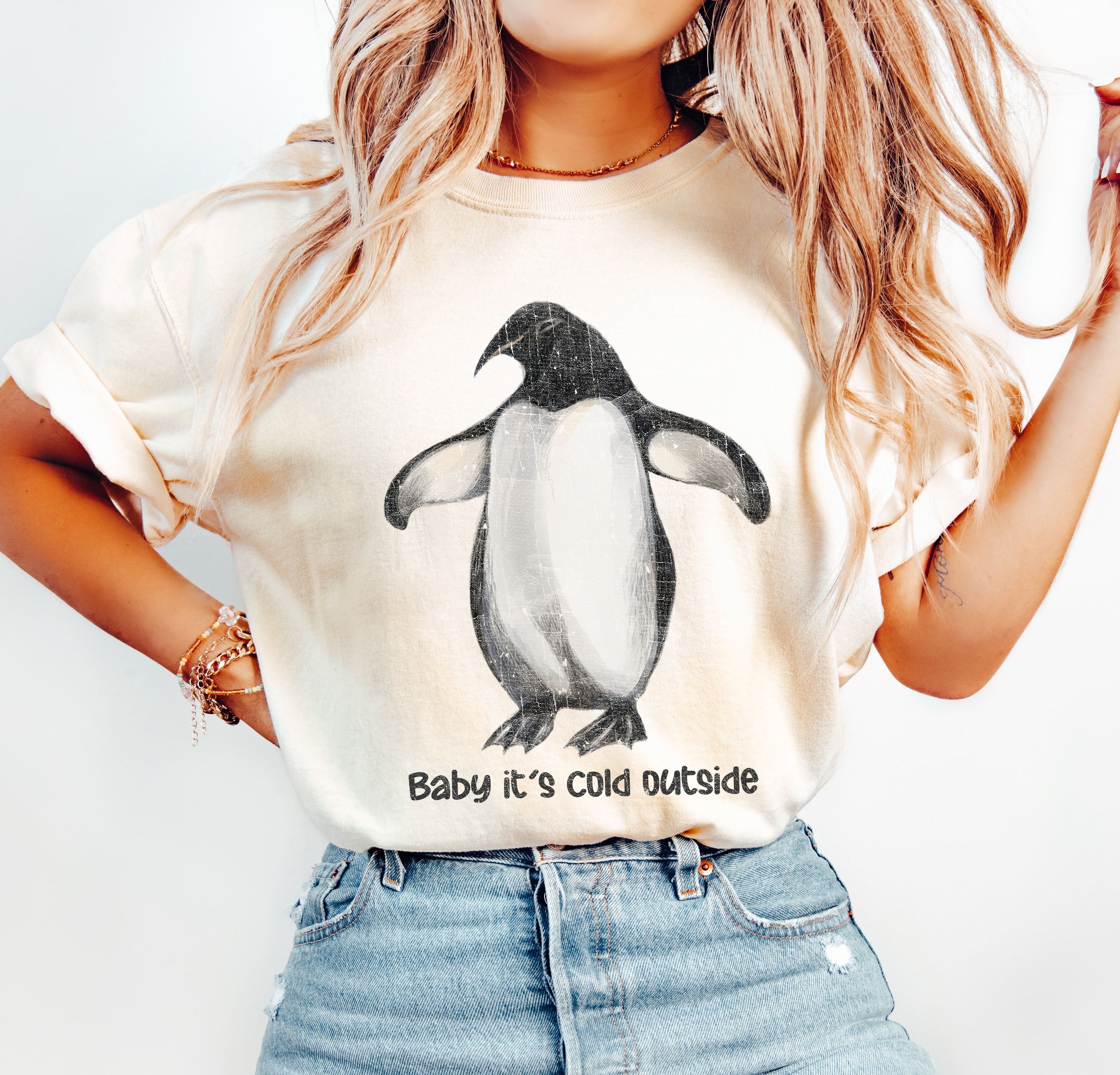 Baby It's Cold Outside Penguin Cozy Winter Animal Scene With Ice Crystal Charm And Snowy Whimsy Comfort Colors Tee
