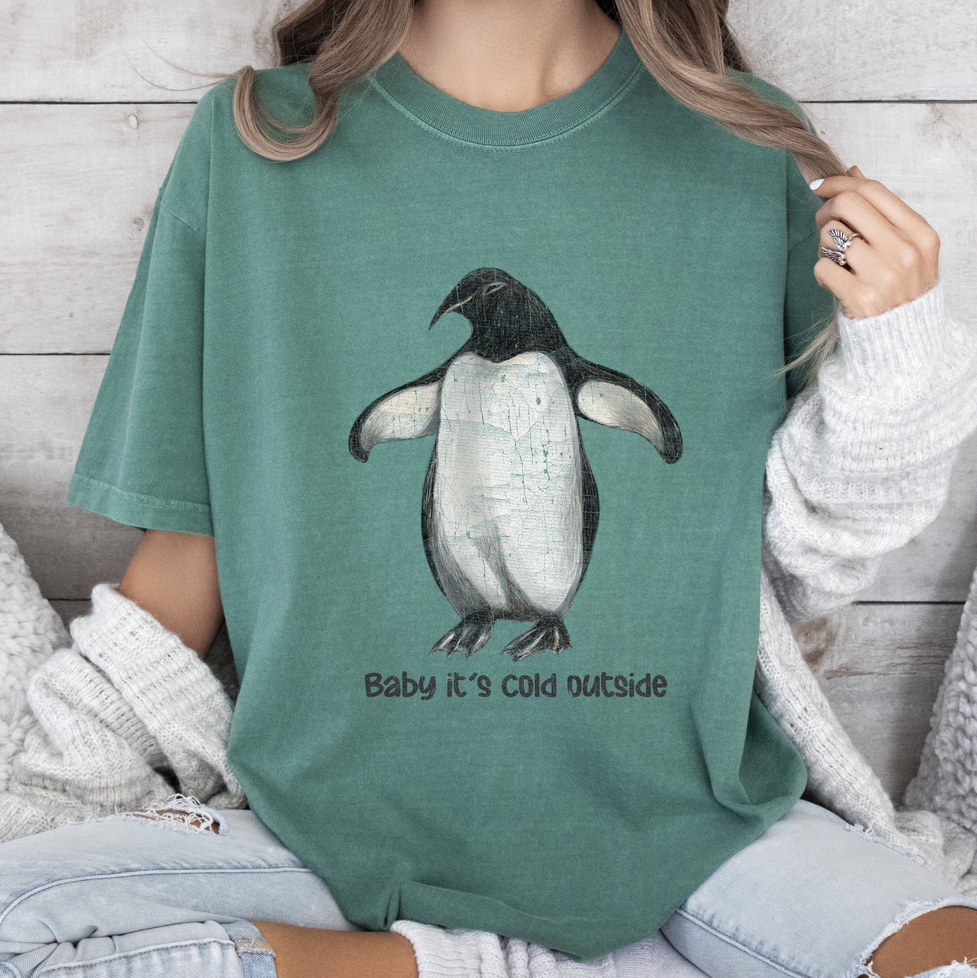 Baby It's Cold Outside Penguin Cozy Winter Animal Scene With Ice Crystal Charm And Snowy Whimsy Comfort Colors Tee