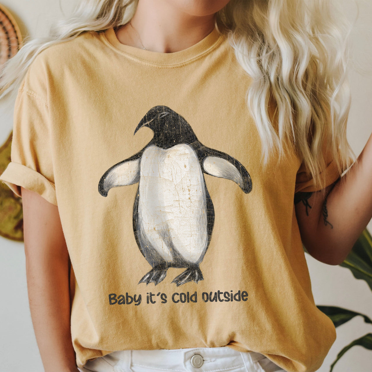 Baby It's Cold Outside Penguin Cozy Winter Animal Scene With Ice Crystal Charm And Snowy Whimsy Comfort Colors Tee