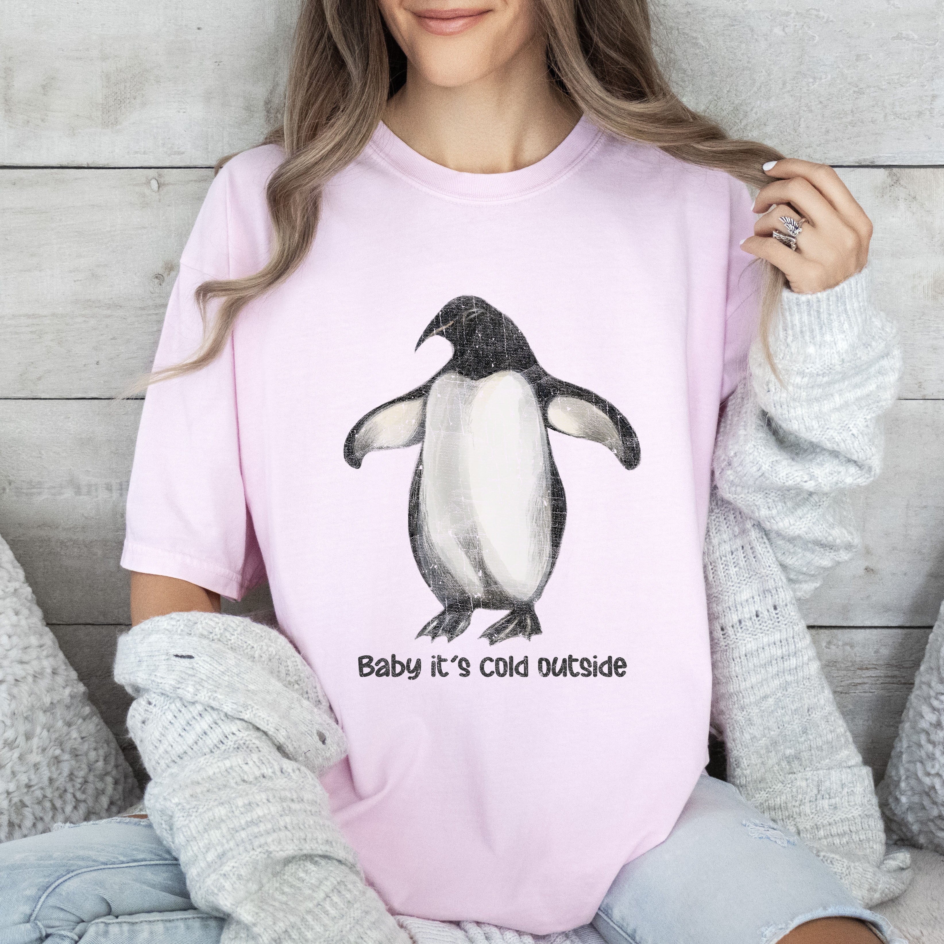 Baby It's Cold Outside Penguin Cozy Winter Animal Scene With Ice Crystal Charm And Snowy Whimsy Comfort Colors Tee