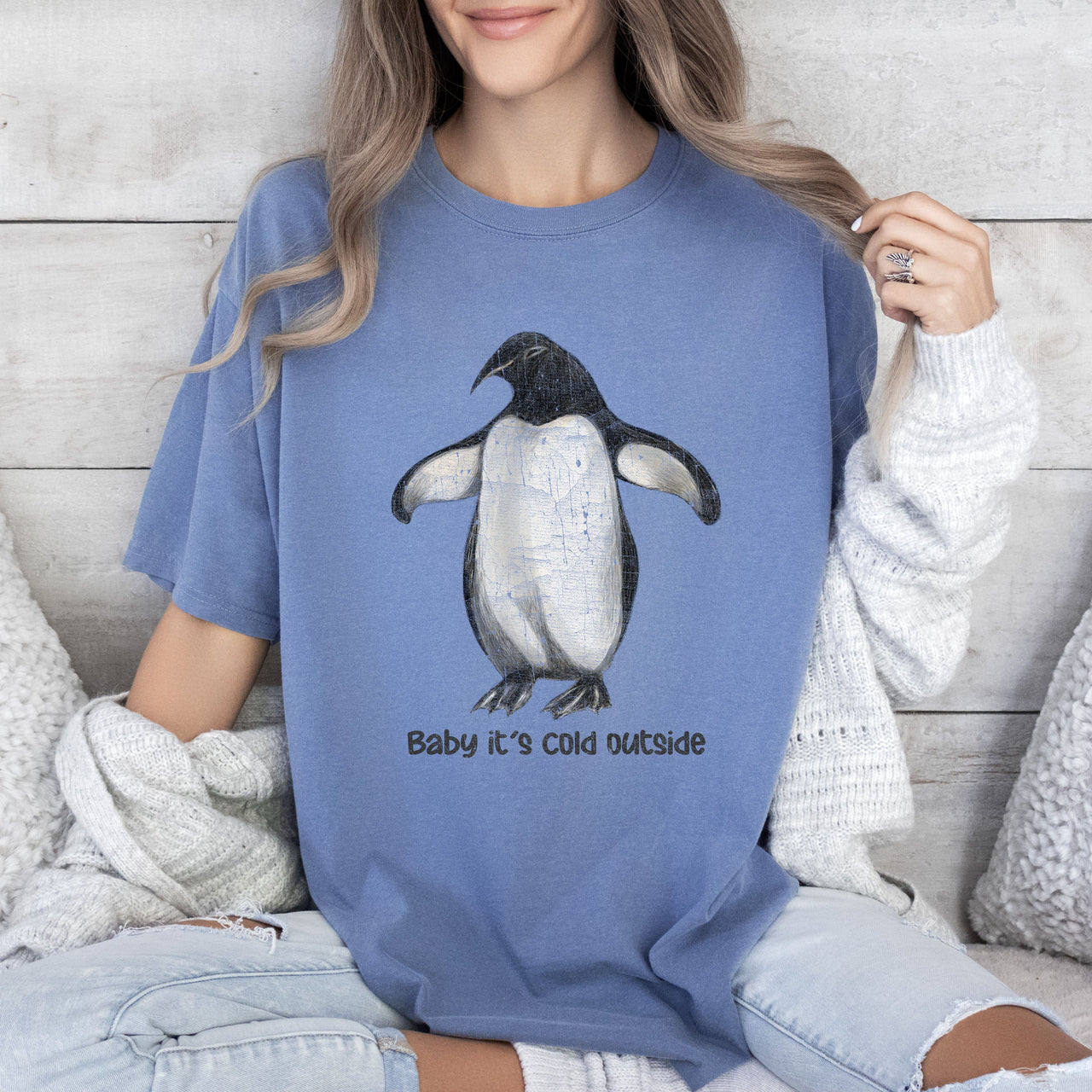 Baby It's Cold Outside Penguin Cozy Winter Animal Scene With Ice Crystal Charm And Snowy Whimsy Comfort Colors Tee