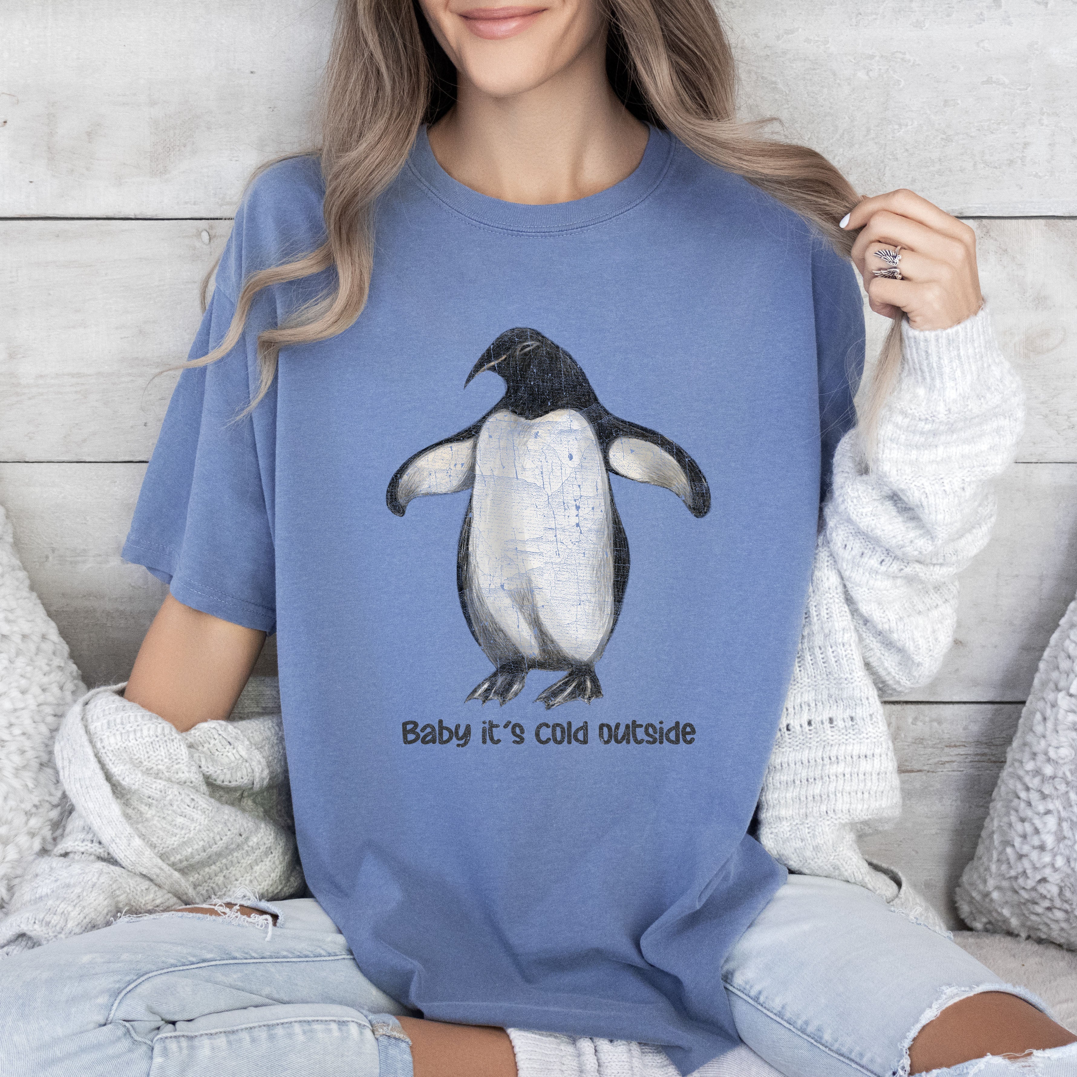 Baby It's Cold Outside Penguin Cozy Winter Animal Scene With Ice Crystal Charm And Snowy Whimsy Comfort Colors Tee