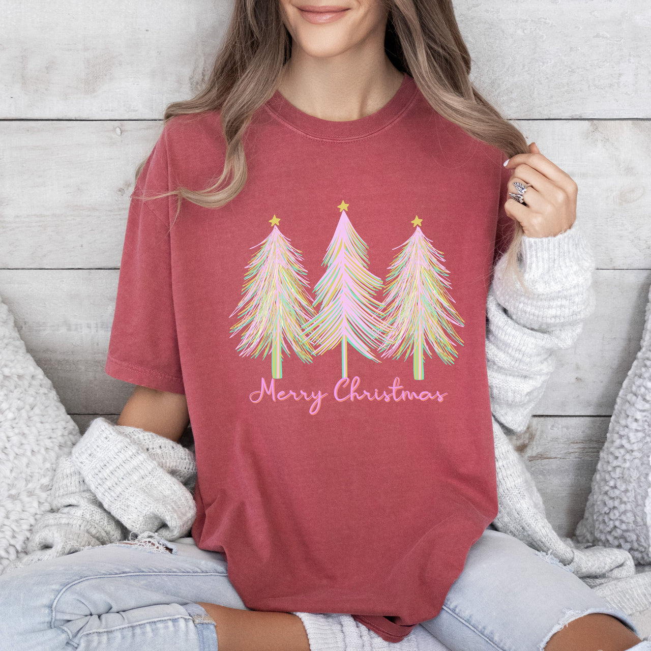 Merry and Bright Pink Watercolor Christmas Trees Holiday Deco Edition Comfort Colors Tee