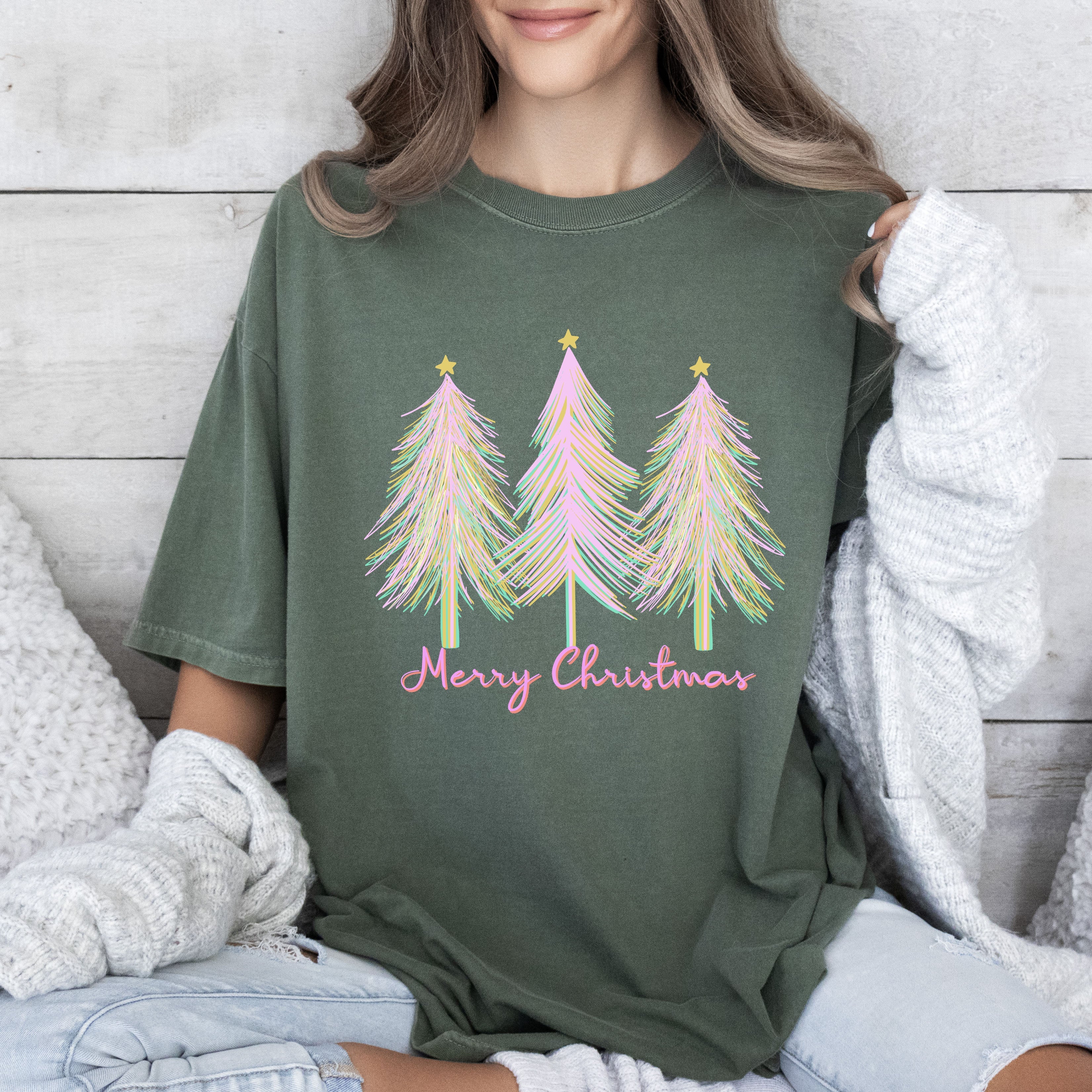 Merry and Bright Pink Watercolor Christmas Trees Holiday Deco Edition Comfort Colors Tee