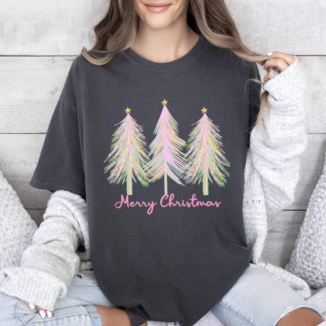 Merry and Bright Pink Watercolor Christmas Trees Holiday Deco Edition Comfort Colors Tee