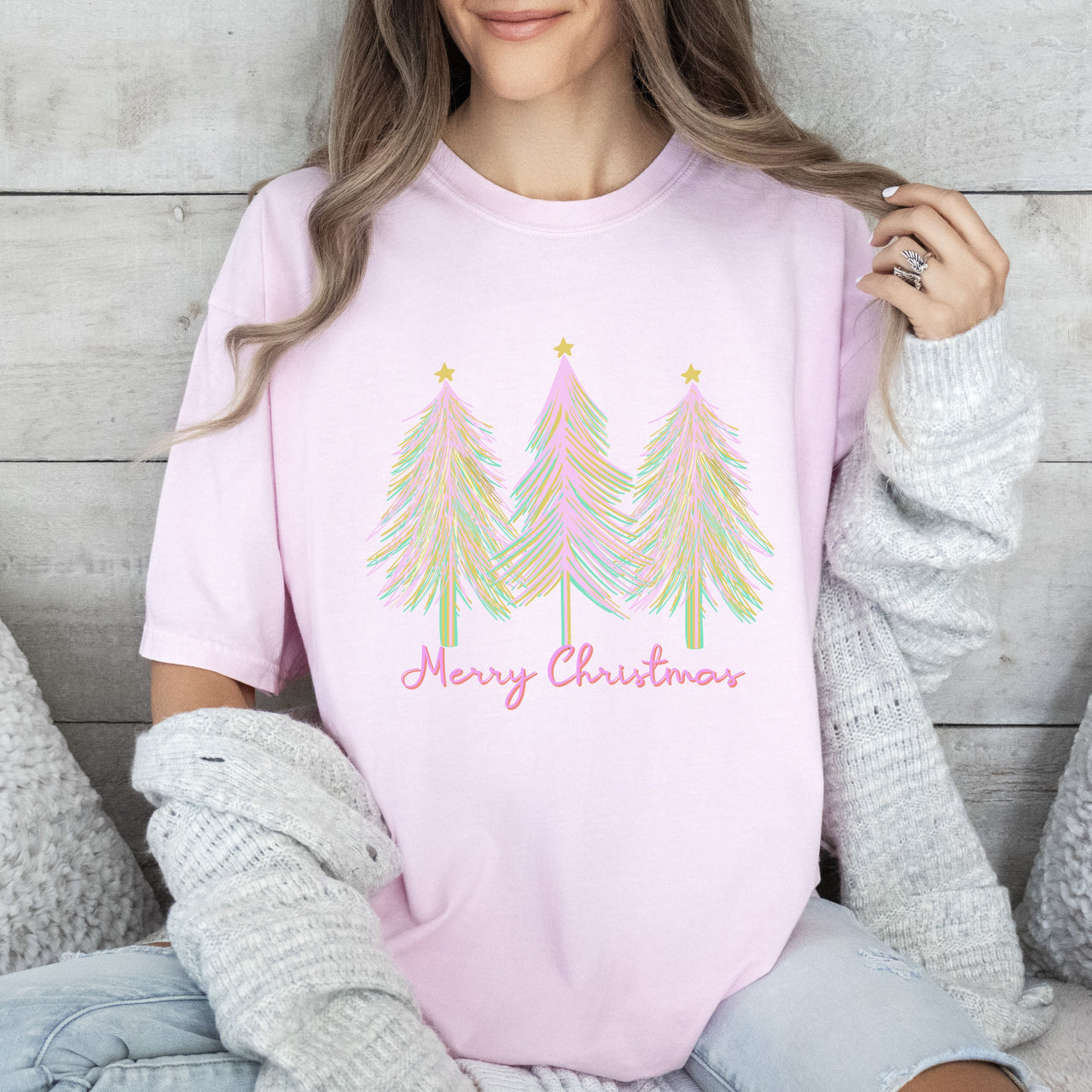 Merry and Bright Pink Watercolor Christmas Trees Holiday Deco Edition Comfort Colors Tee