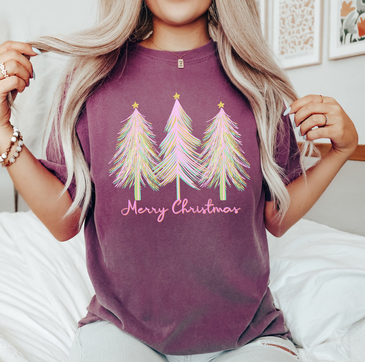 Merry and Bright Pink Watercolor Christmas Trees Holiday Deco Edition Comfort Colors Tee