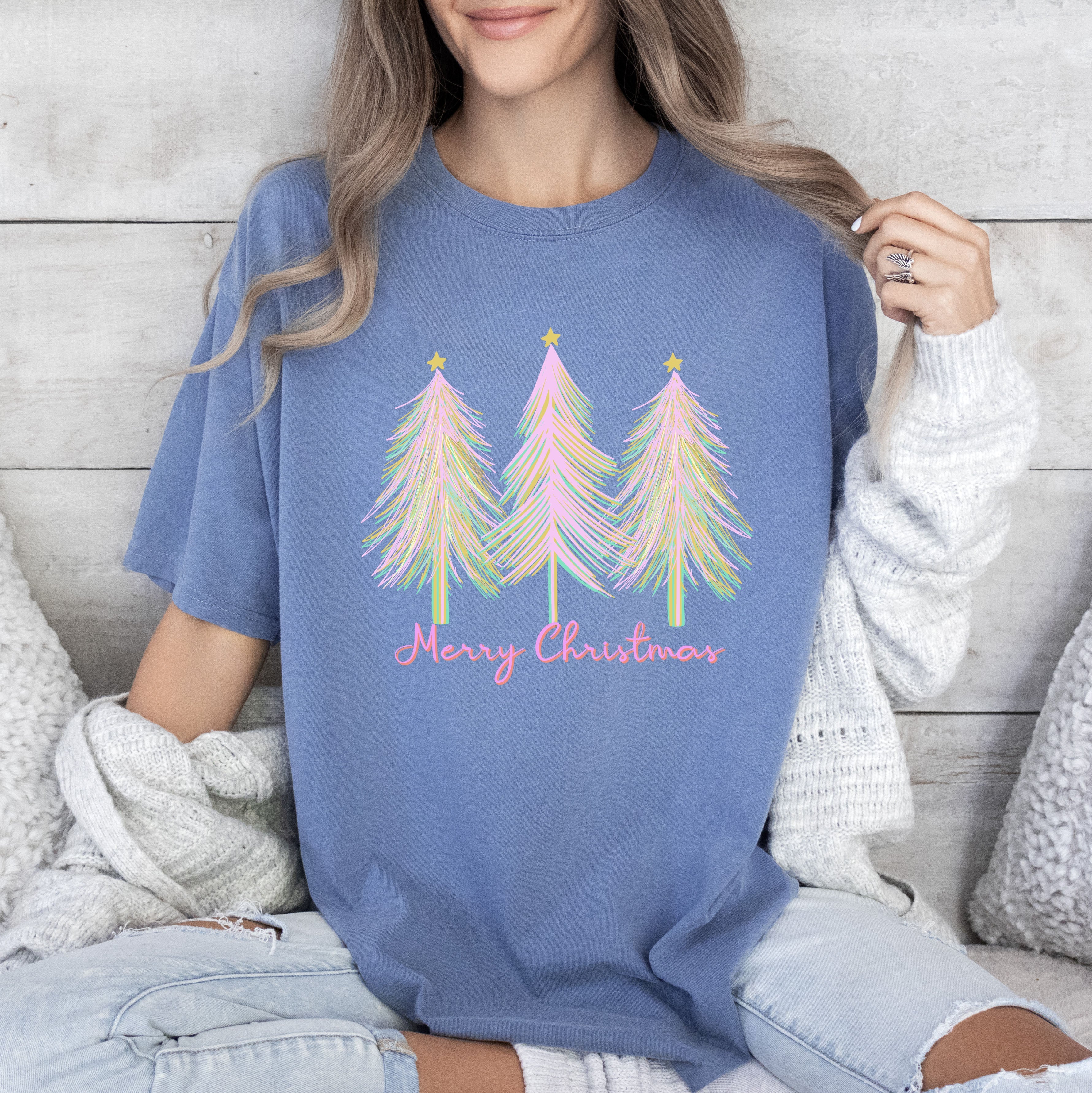 Merry and Bright Pink Watercolor Christmas Trees Holiday Deco Edition Comfort Colors Tee