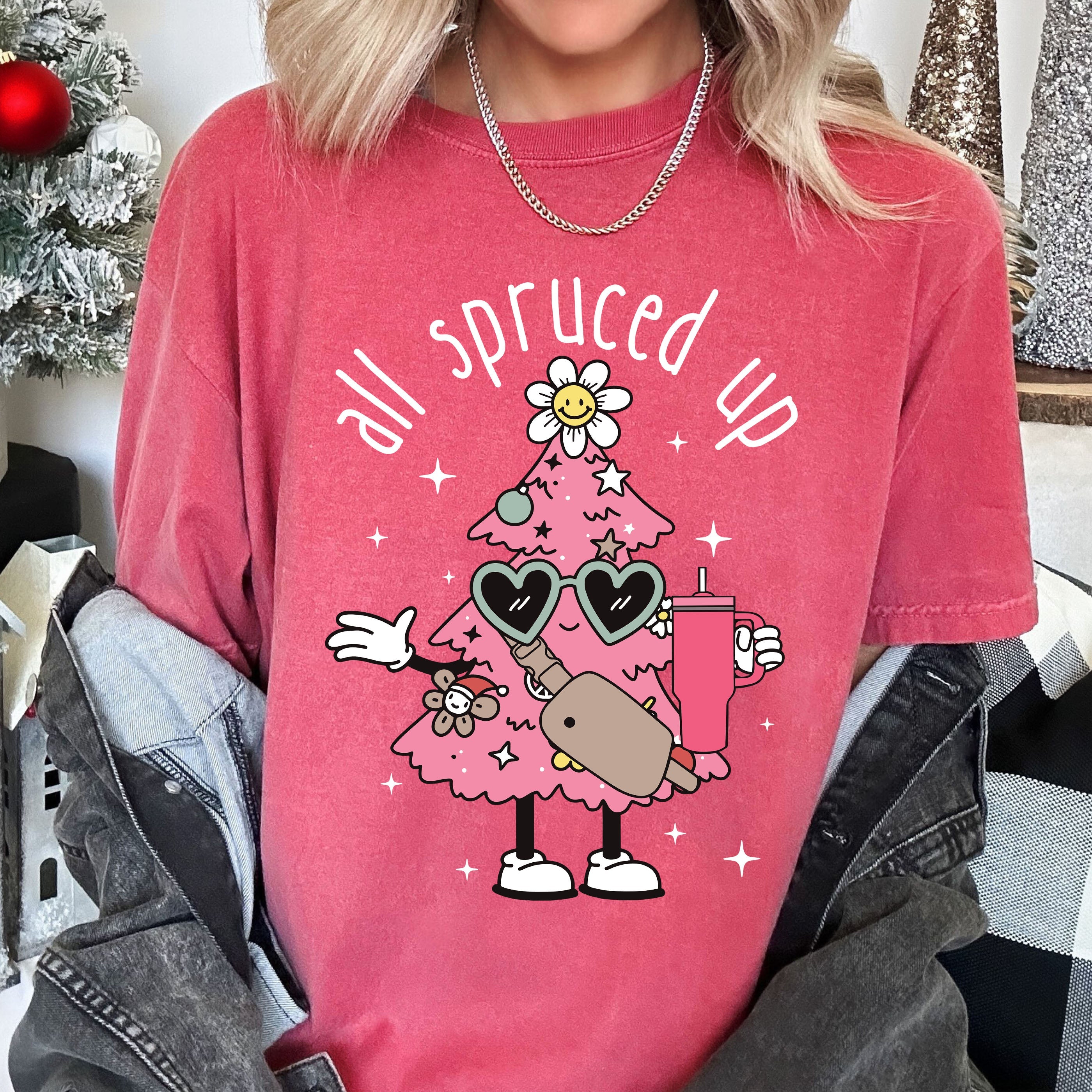 All Spruced Up Vintage Christmas Silhouette And Ornament Holly Wreath Scene Graphic Tee