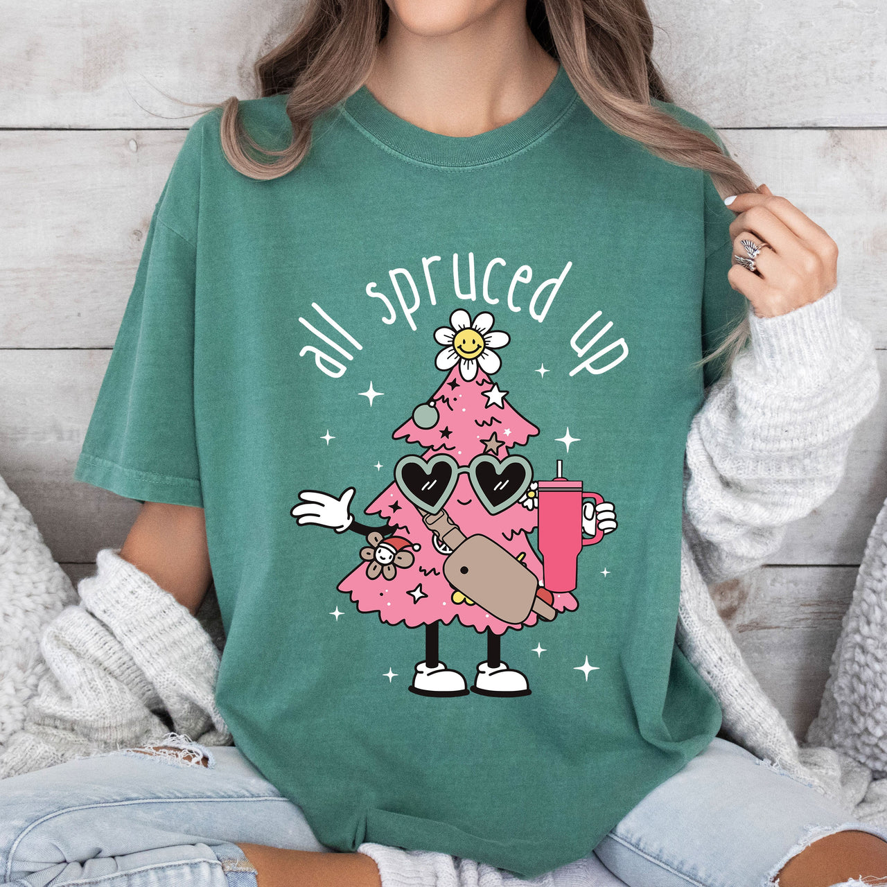 All Spruced Up Vintage Christmas Silhouette And Ornament Holly Wreath Scene Graphic Tee