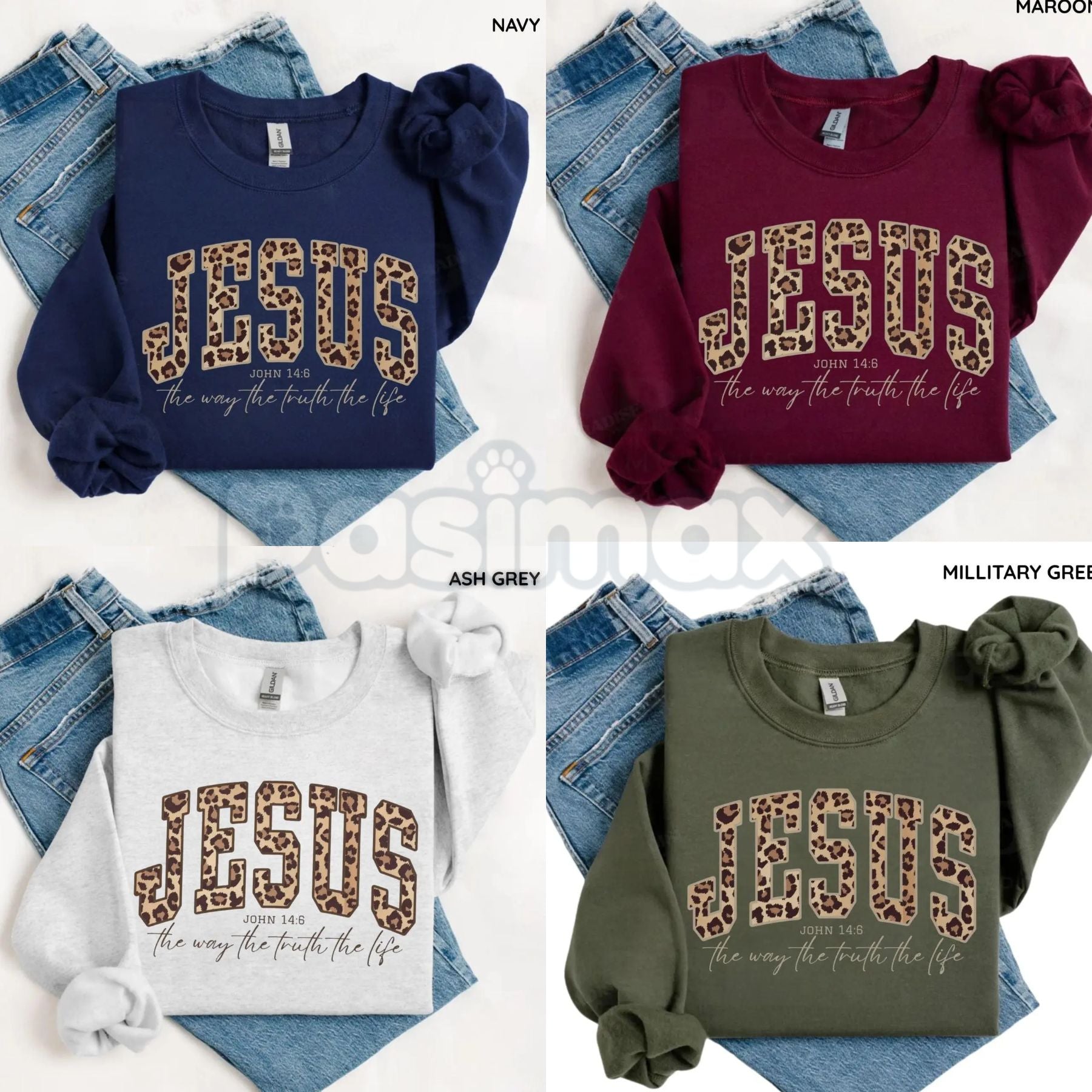 Christian Jesus Leopard Sweatshirt | Cheetah Print Faith Crewneck | Modern Bible Verse Shirt for Women