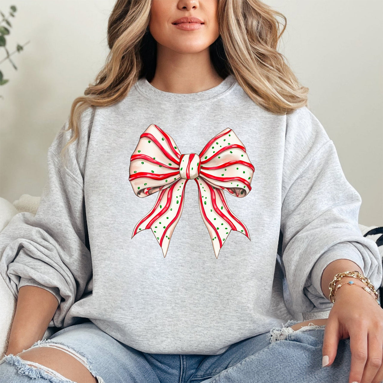 Christmas Cake Bow Ribbon Coquette Santa Snow Winter Festive Cozy Holiday Sweatshirt