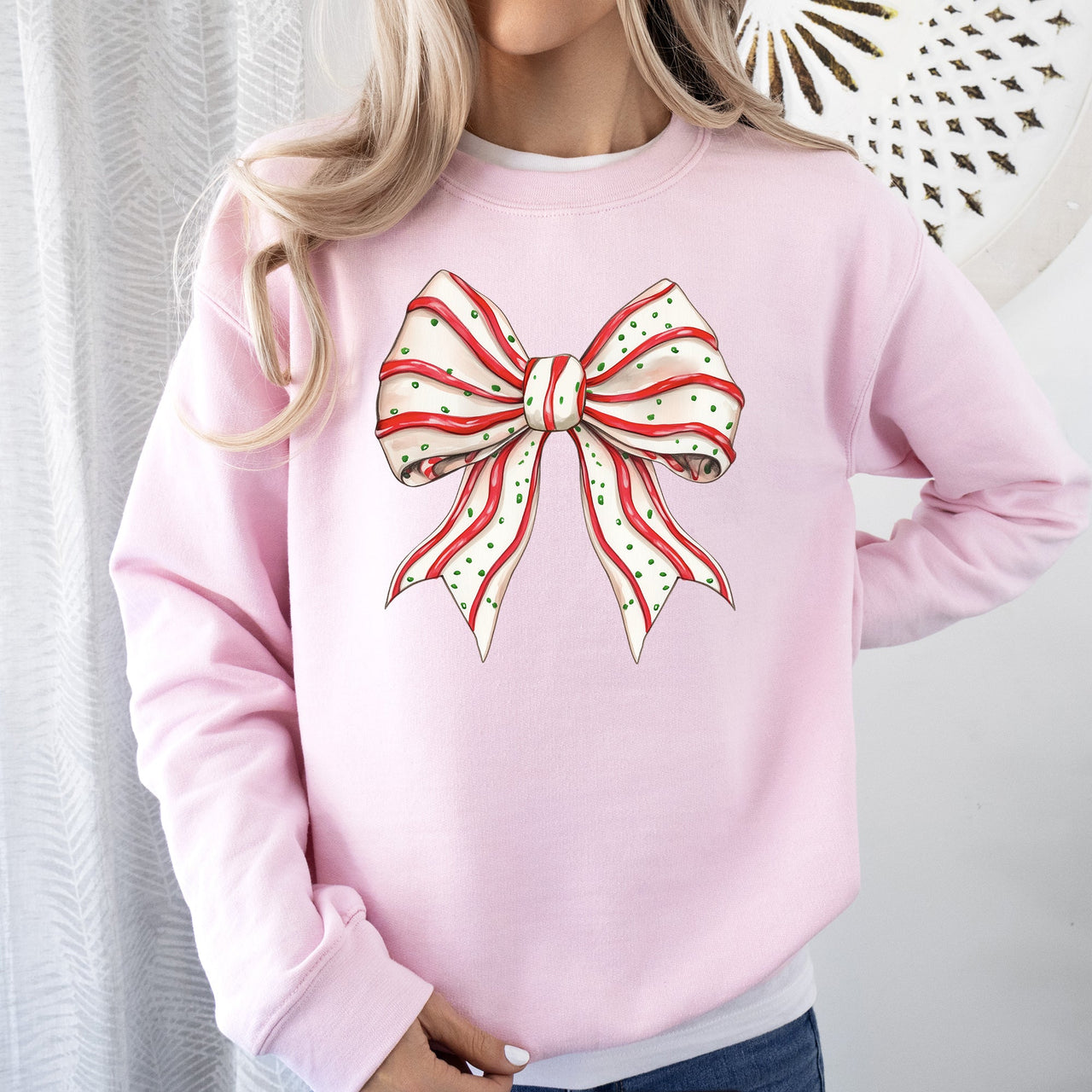 Christmas Cake Bow Ribbon Coquette Santa Snow Winter Festive Cozy Holiday Sweatshirt