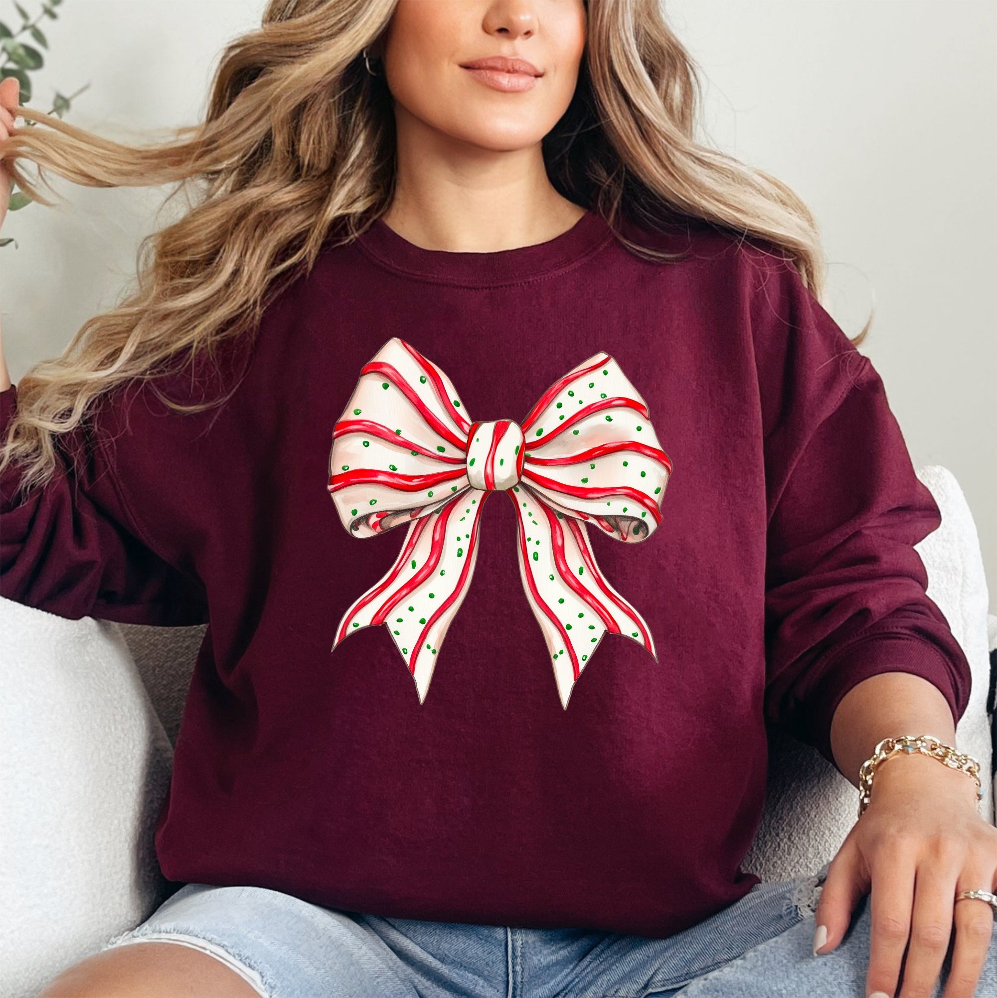 Christmas Cake Bow Ribbon Coquette Santa Snow Winter Festive Cozy Holiday Sweatshirt