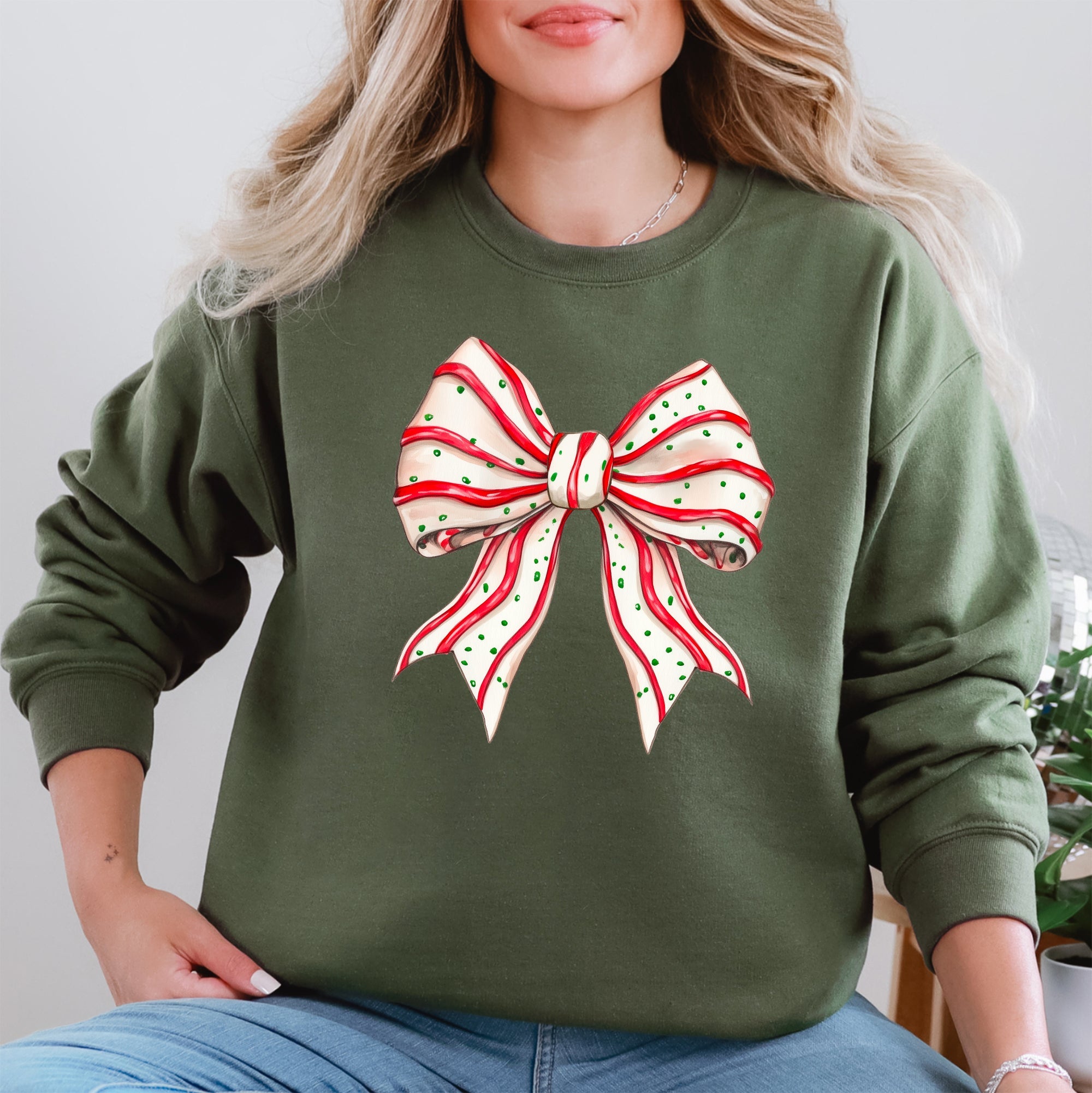 Christmas Cake Bow Ribbon Coquette Santa Snow Winter Festive Cozy Holiday Sweatshirt
