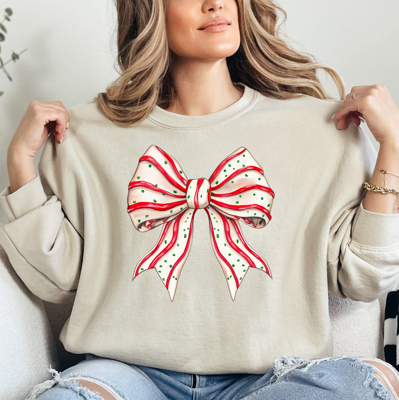 Christmas Cake Bow Ribbon Coquette Santa Snow Winter Festive Cozy Holiday Sweatshirt