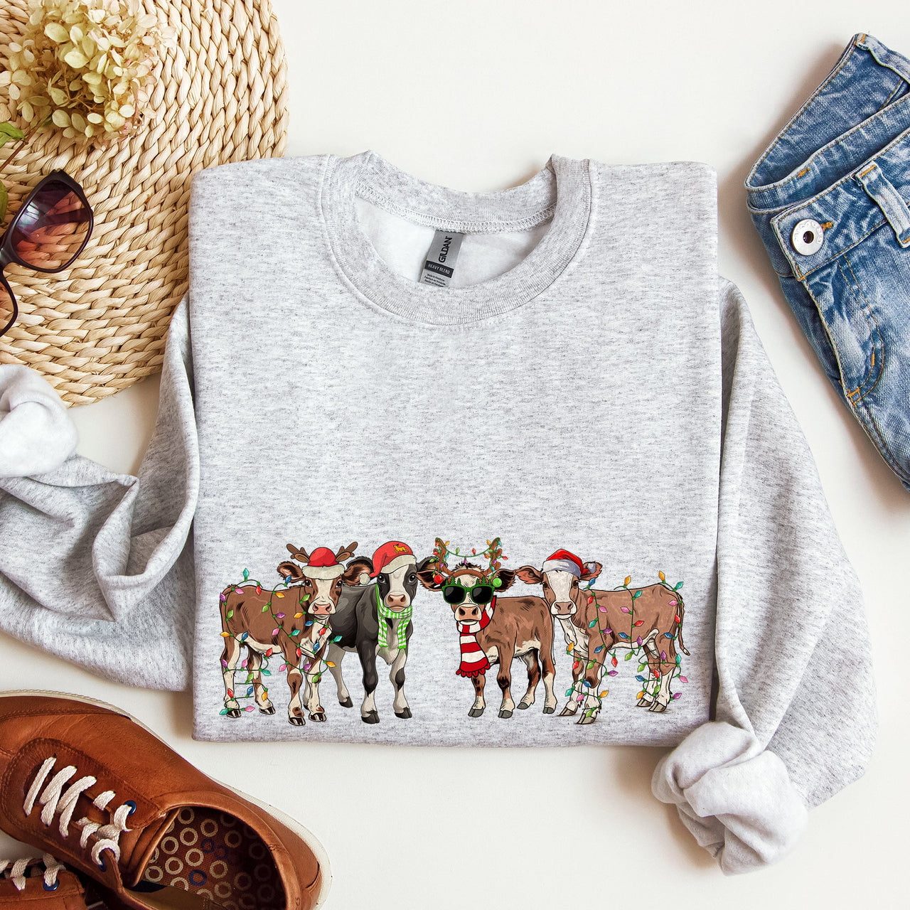 Christmas Calves Cow Lovers Santa Farm Life Holiday Farmhouse Festive Cheer Sweatshirt