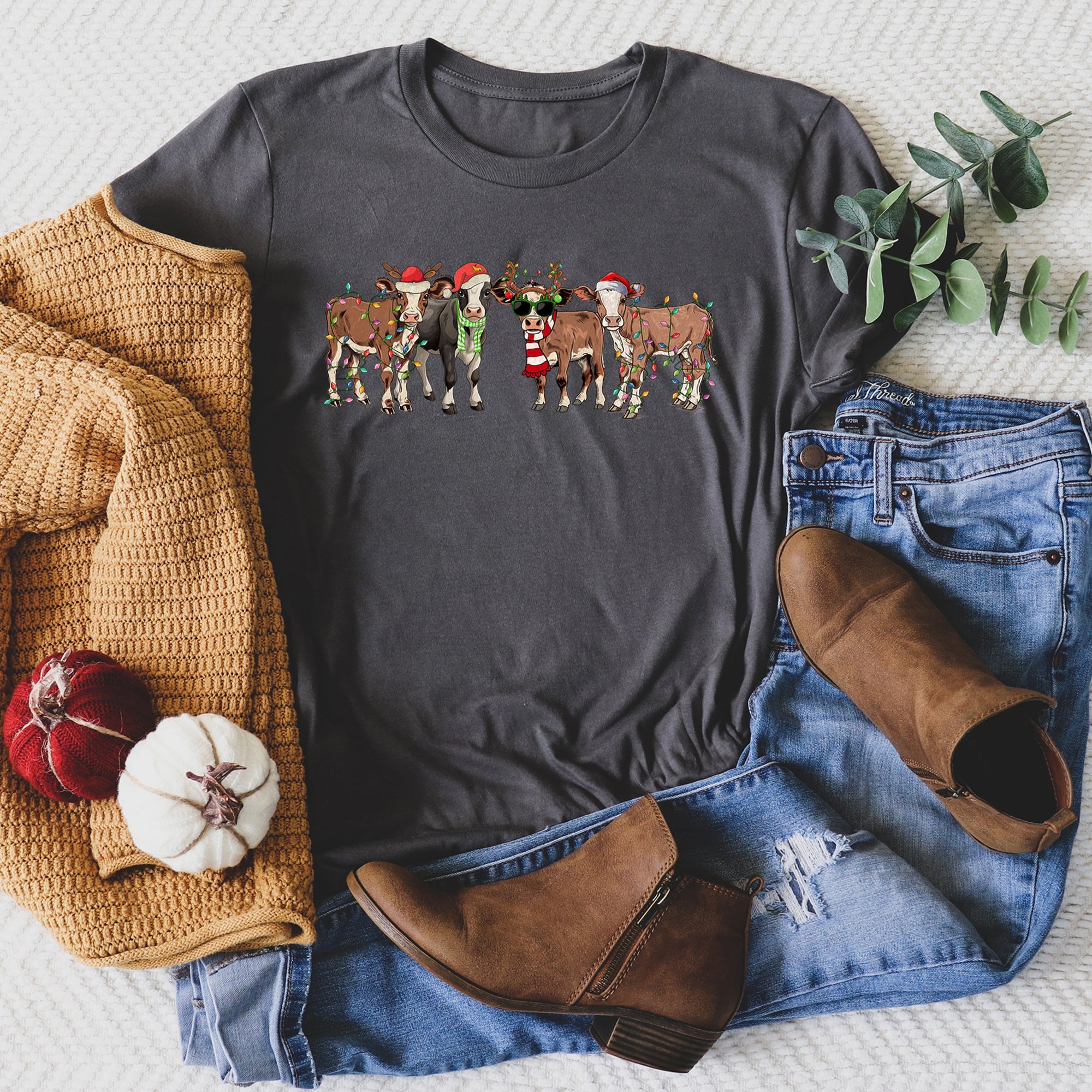 Christmas Calves Cow Lovers Santa Farm Life Holiday Farm Scene Festive Animals Design Graphic Tee