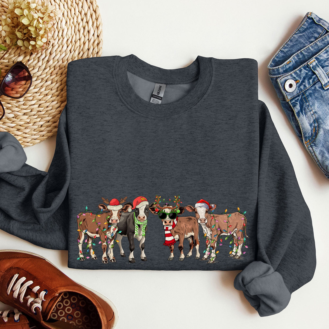 Christmas Calves Cow Lovers Santa Farm Life Holiday Farmhouse Festive Cheer Sweatshirt