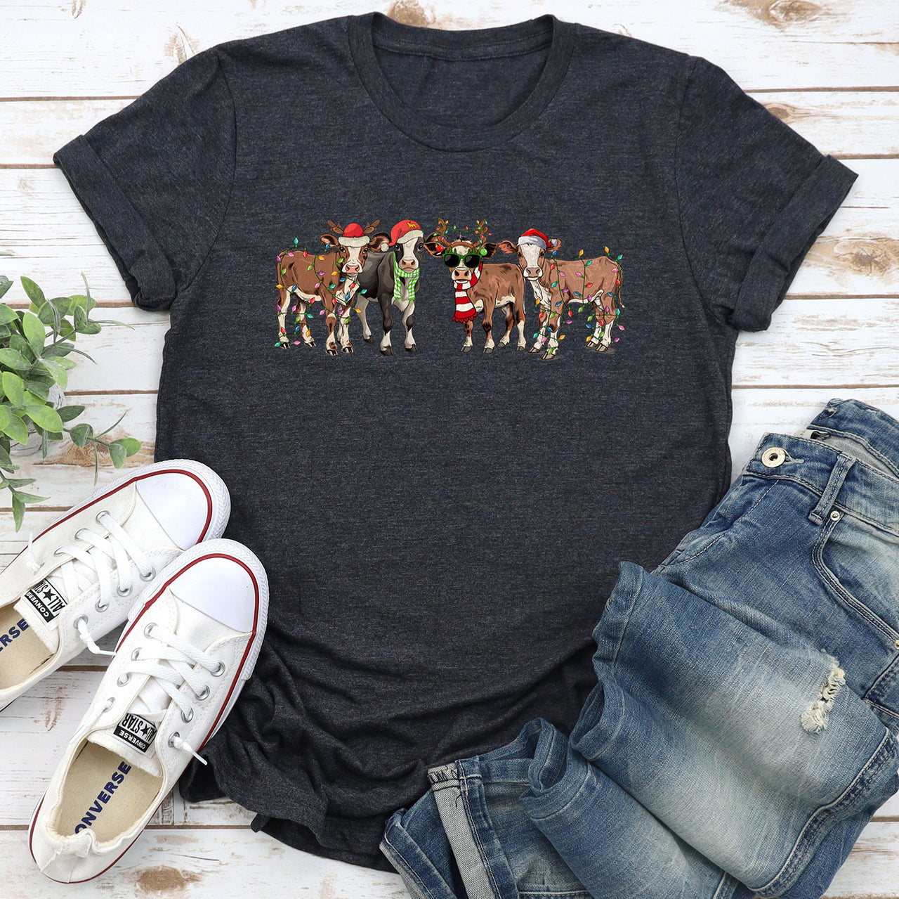 Christmas Calves Cow Lovers Santa Farm Life Holiday Farm Scene Festive Animals Design Graphic Tee