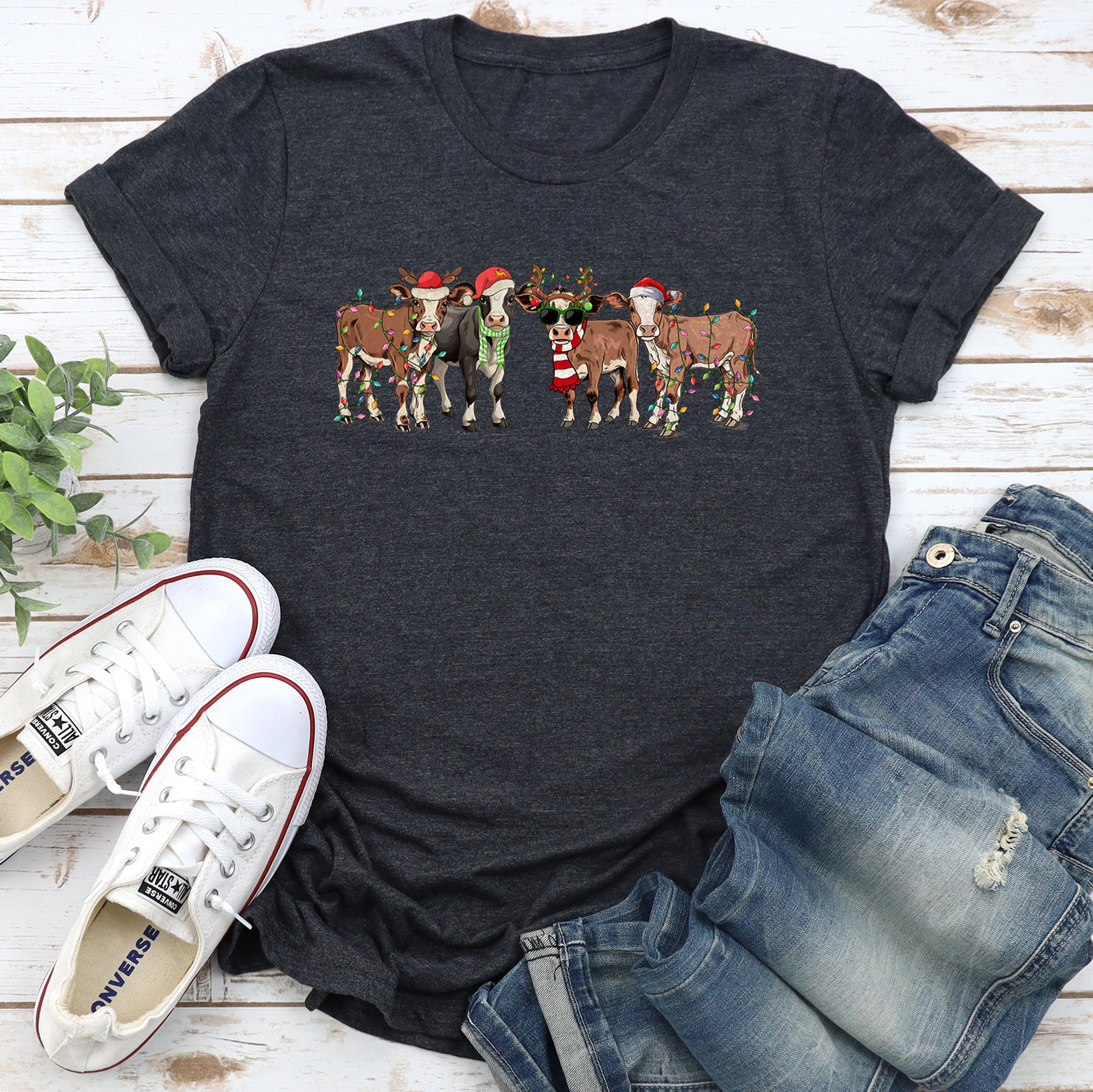 Christmas Calves Cow Lovers Santa Farm Life Holiday Farm Scene Festive Animals Design Graphic Tee