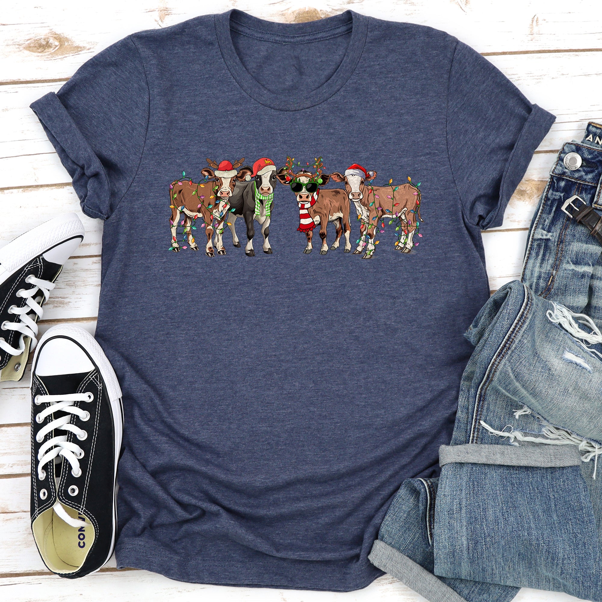 Christmas Calves Cow Lovers Santa Farm Life Holiday Farm Scene Festive Animals Design Graphic Tee