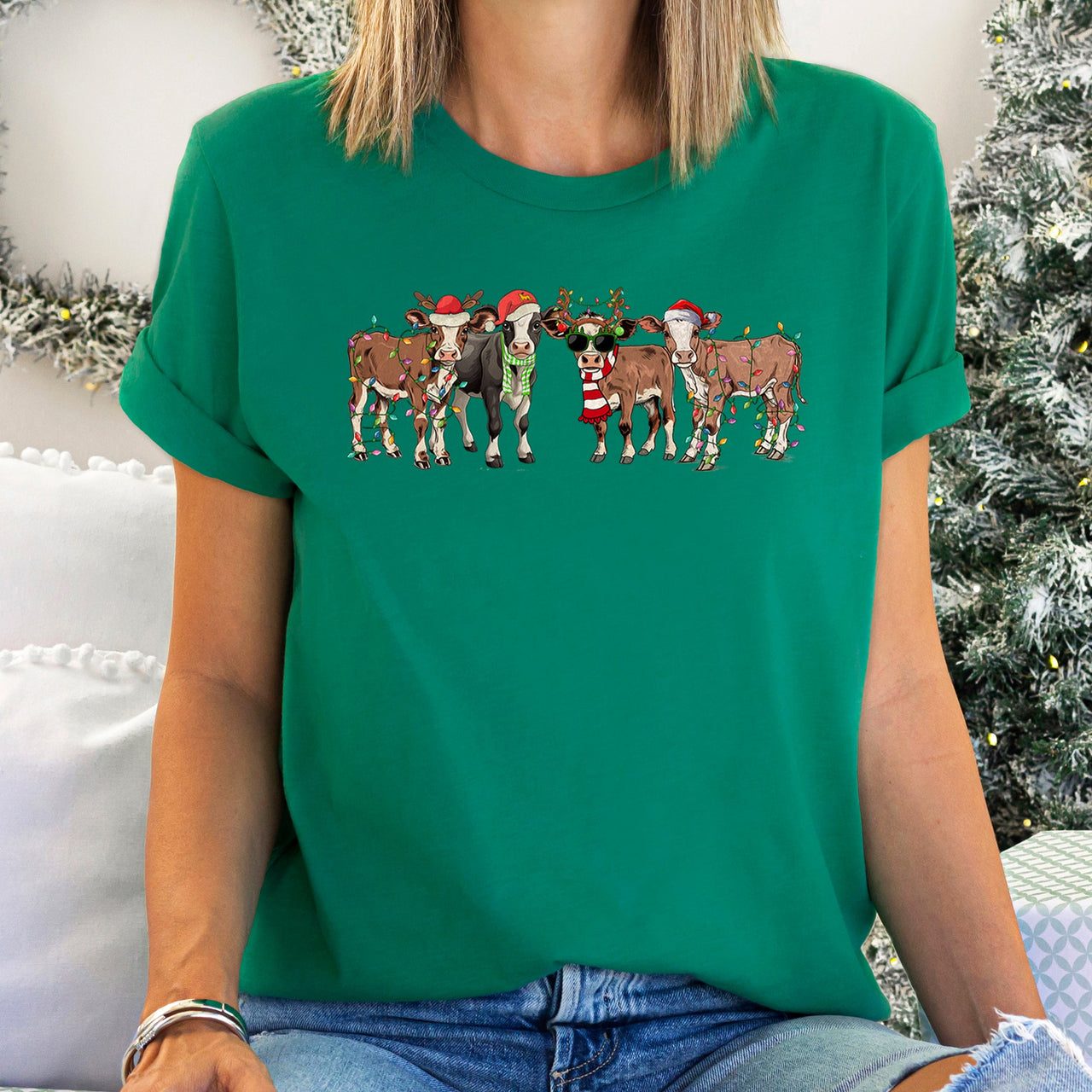 Christmas Calves Cow Lovers Santa Farm Life Holiday Farm Scene Festive Animals Design Graphic Tee