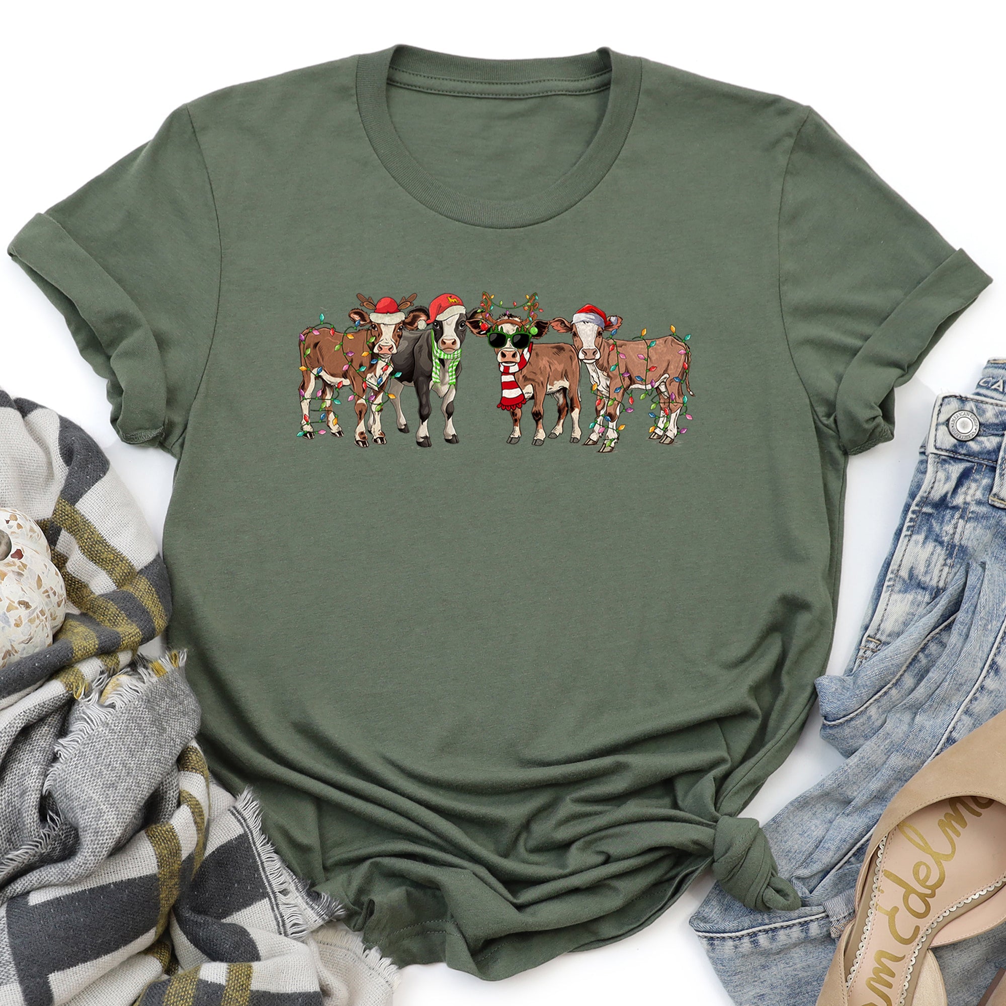 Christmas Calves Cow Lovers Santa Farm Life Holiday Farm Scene Festive Animals Design Graphic Tee