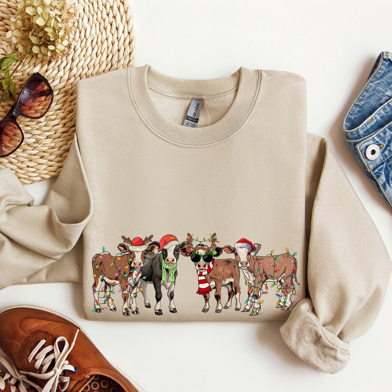 Christmas Calves Cow Lovers Santa Farm Life Holiday Farmhouse Festive Cheer Sweatshirt