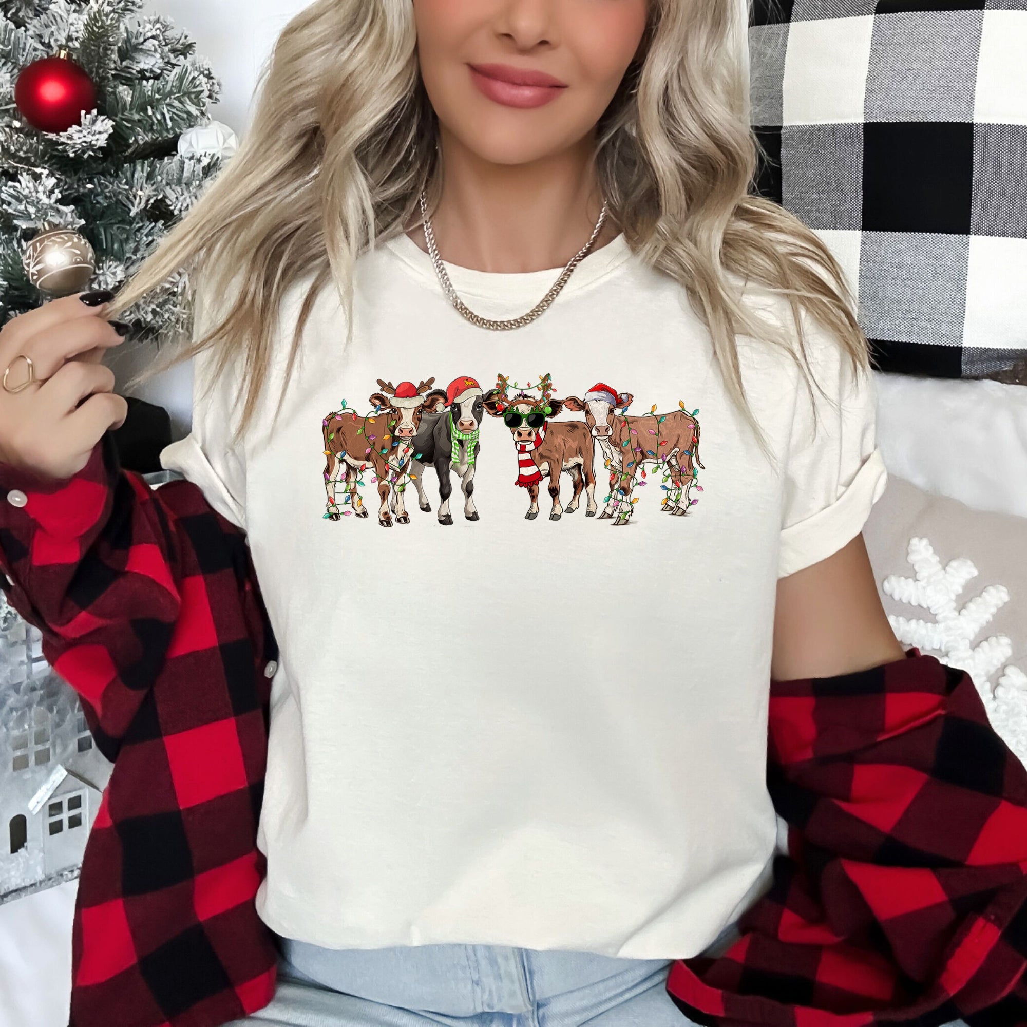 Christmas Calves Cow Lovers Santa Farm Life Holiday Farm Scene Festive Animals Design Graphic Tee