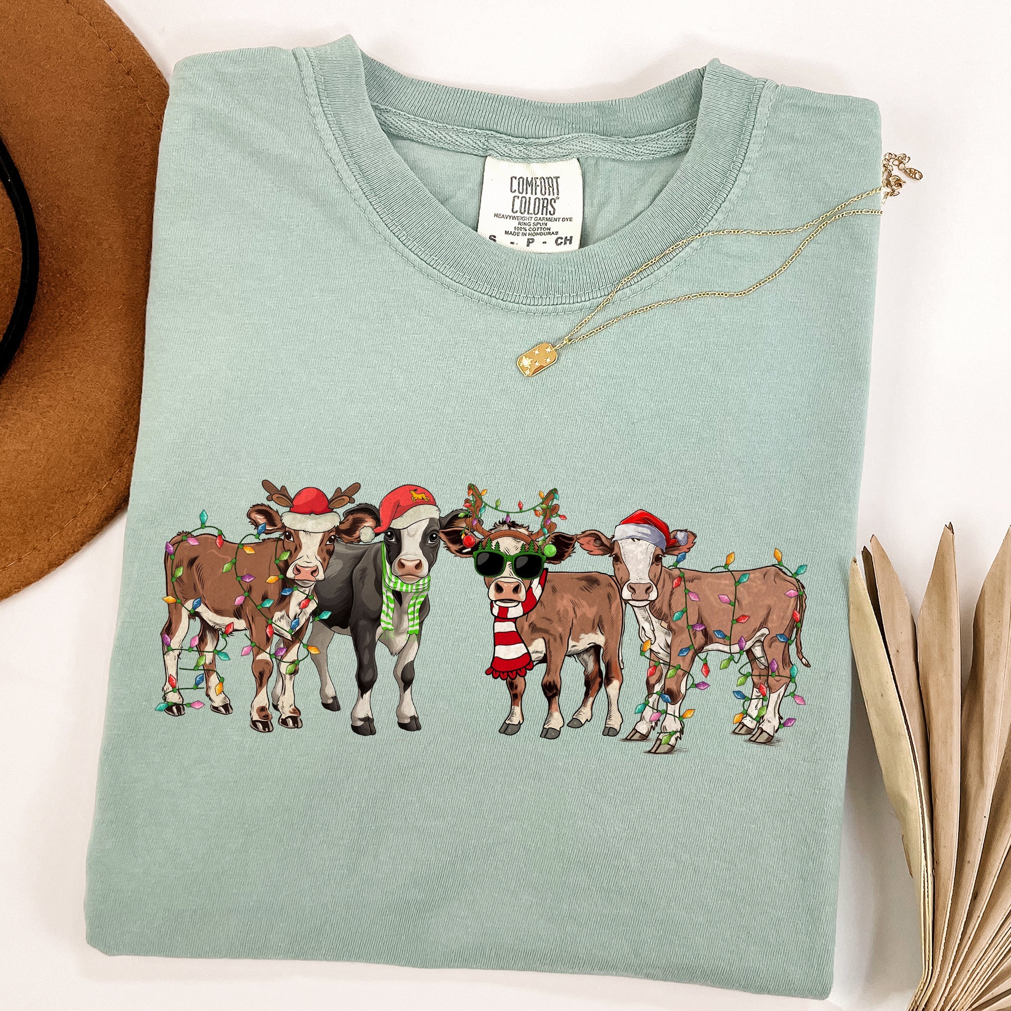 Christmas Calves Cow Lovers Santa Farm Life Winter Snow Xmas Animals Comfort Colors Tee