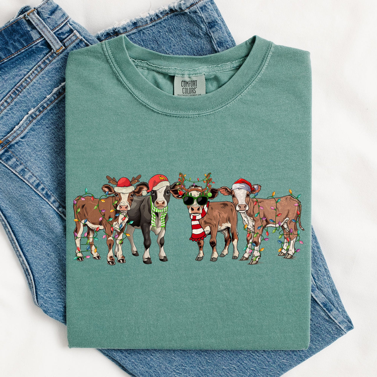 Christmas Calves Cow Lovers Santa Farm Life Winter Snow Xmas Animals Comfort Colors Tee