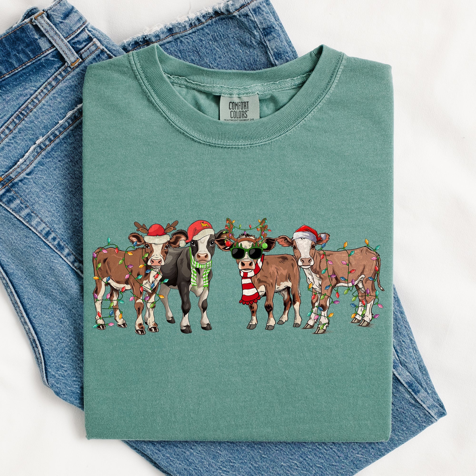 Christmas Calves Cow Lovers Santa Farm Life Winter Snow Xmas Animals Comfort Colors Tee