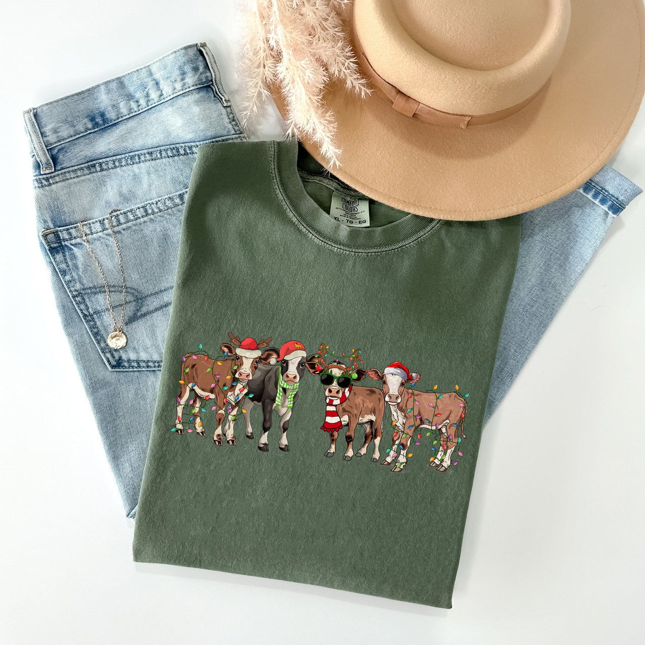 Christmas Calves Cow Lovers Santa Farm Life Winter Snow Xmas Animals Comfort Colors Tee