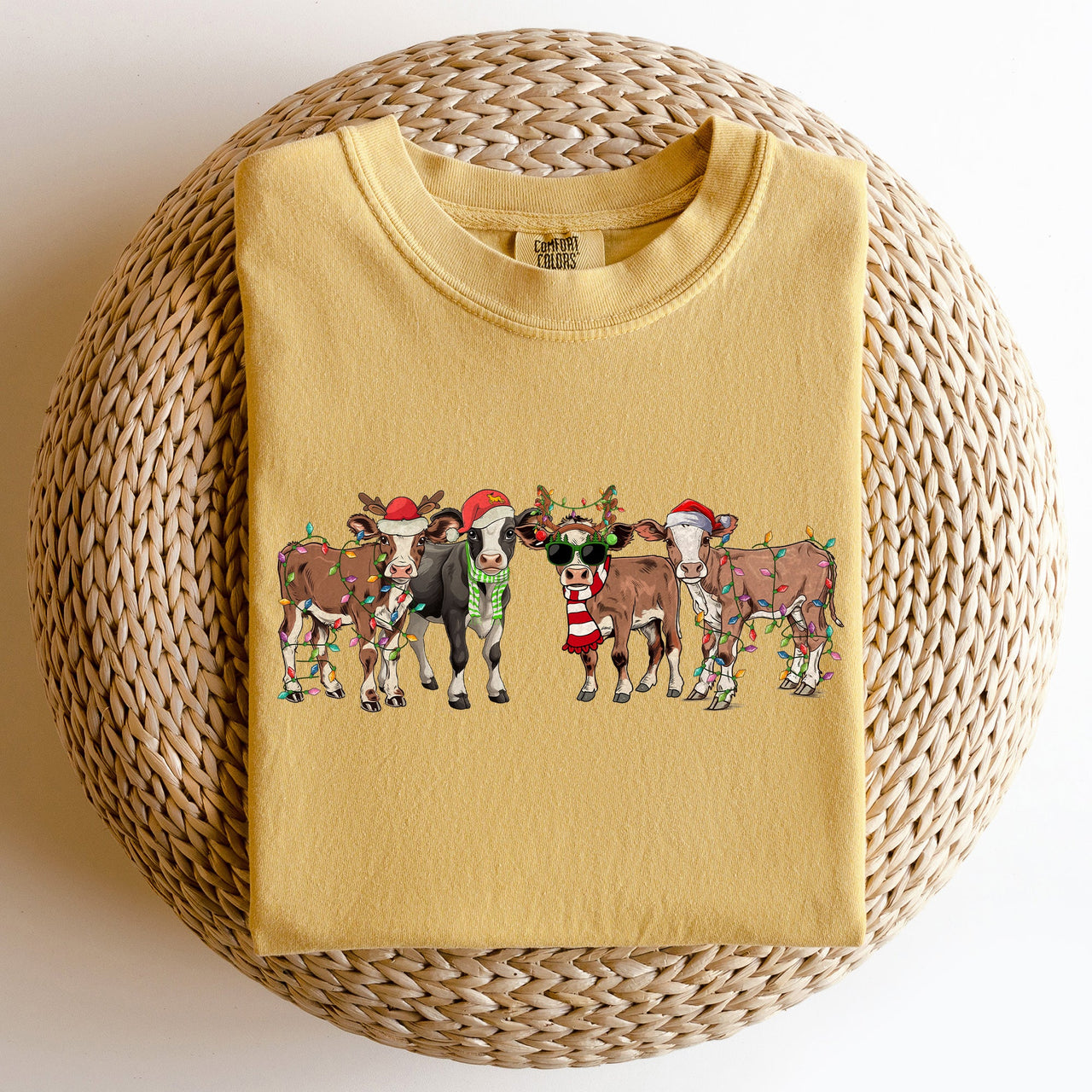 Christmas Calves Cow Lovers Santa Farm Life Winter Snow Xmas Animals Comfort Colors Tee
