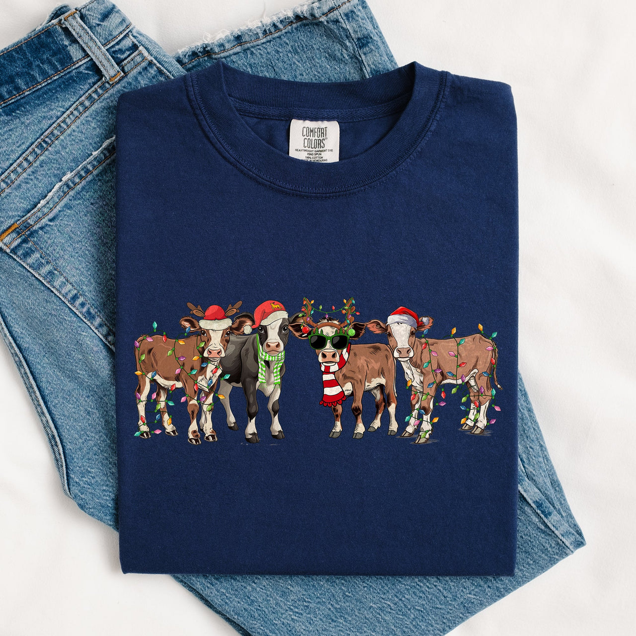 Christmas Calves Cow Lovers Santa Farm Life Winter Snow Xmas Animals Comfort Colors Tee