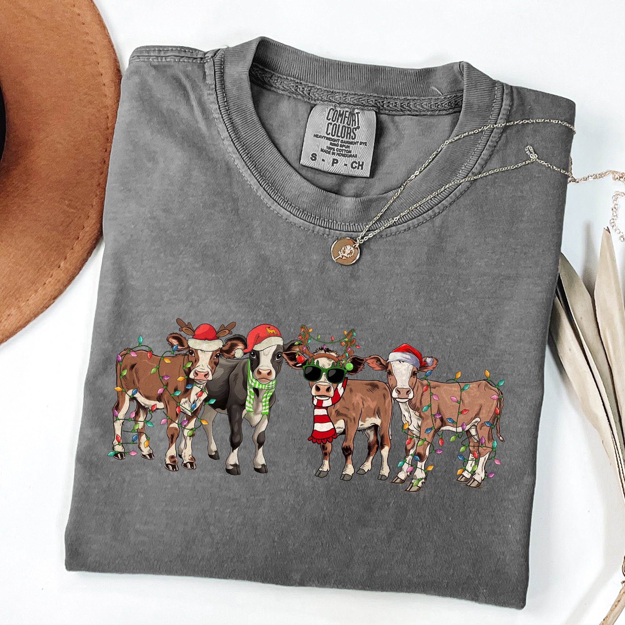 Christmas Calves Cow Lovers Santa Farm Life Winter Snow Xmas Animals Comfort Colors Tee