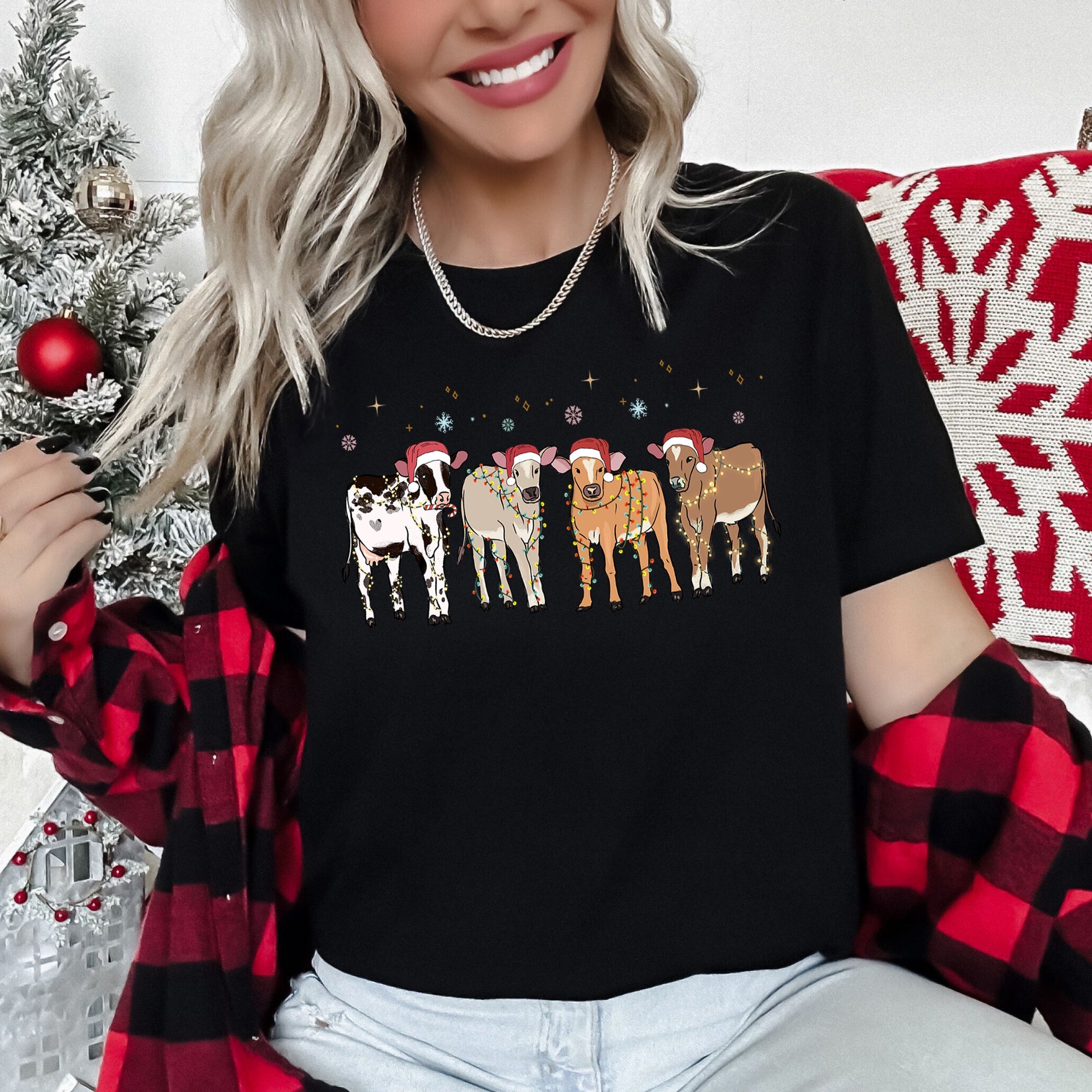 Christmas Calves Holstein Cow Lovers Santa Farm Life Festive Edition Graphic Tee