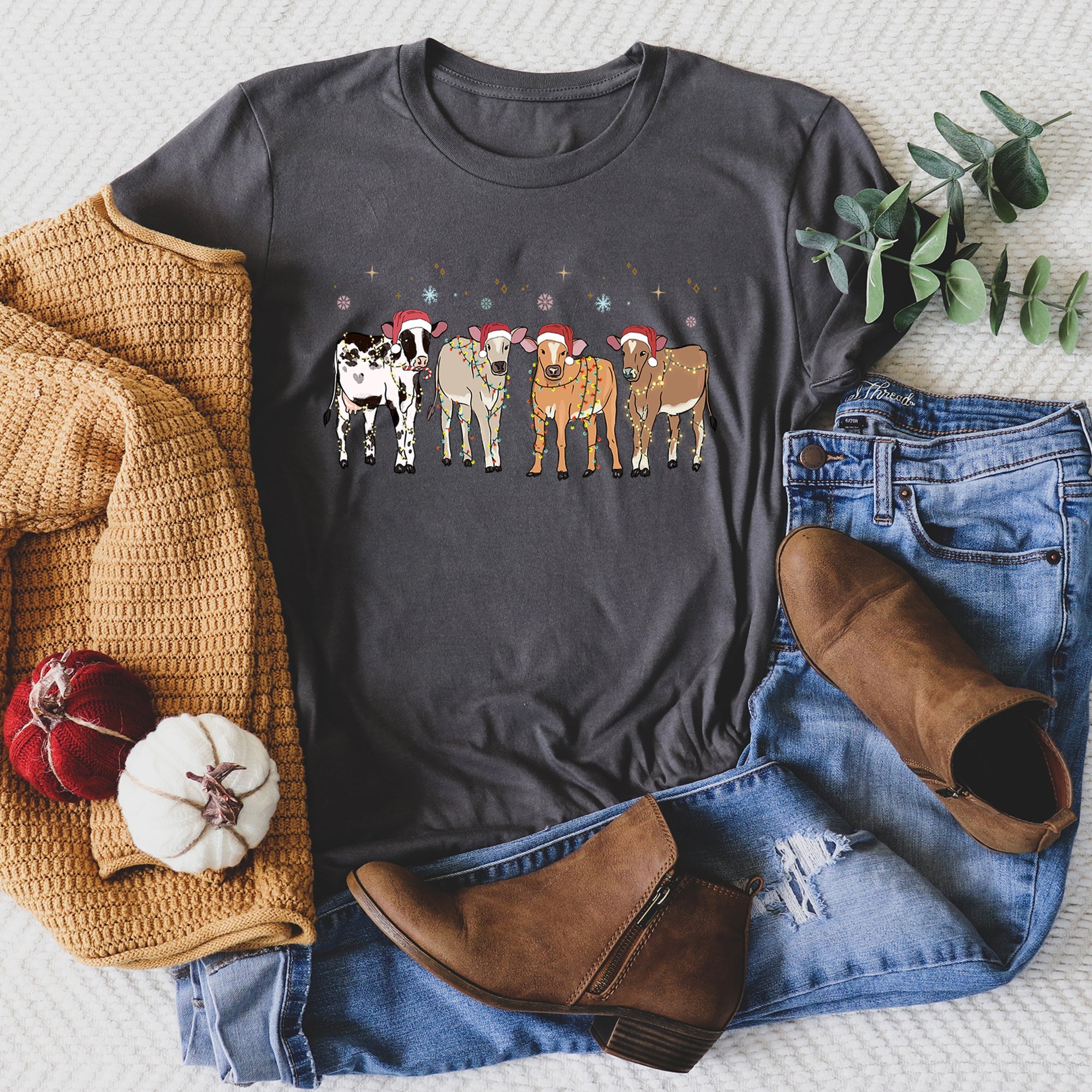 Christmas Calves Holstein Cow Lovers Santa Farm Life Festive Edition Graphic Tee