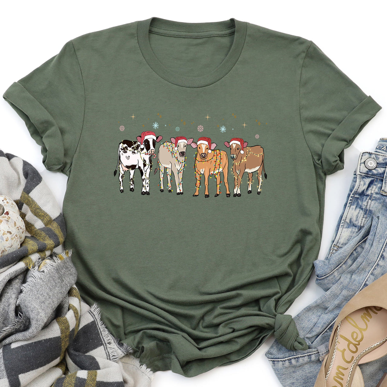 Christmas Calves Holstein Cow Lovers Santa Farm Life Festive Edition Graphic Tee