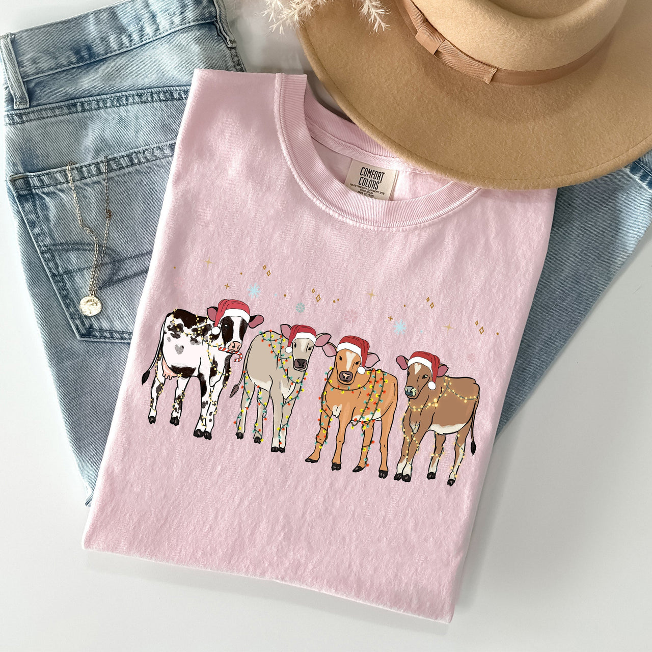 Christmas Calves Holstein Santa Farm Life Winter Snow Xmas Cozy Holiday Edition Comfort Colors Tee