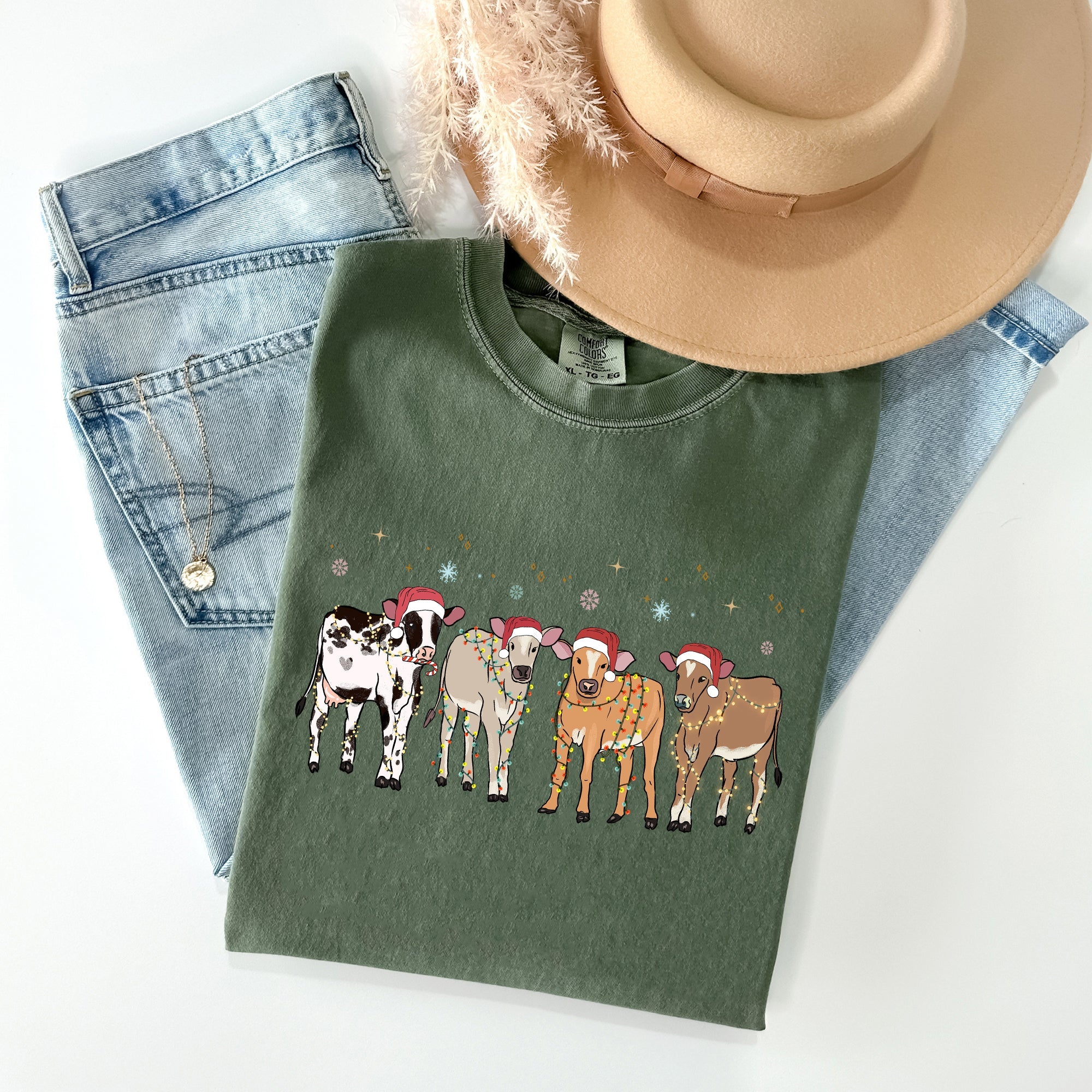 Christmas Calves Holstein Santa Farm Life Winter Snow Xmas Cozy Holiday Edition Comfort Colors Tee