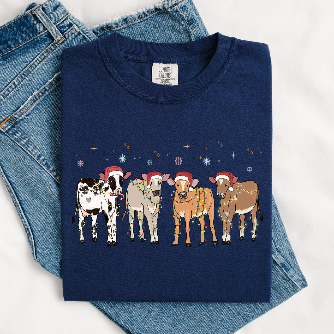 Christmas Calves Holstein Santa Farm Life Winter Snow Xmas Cozy Holiday Edition Comfort Colors Tee