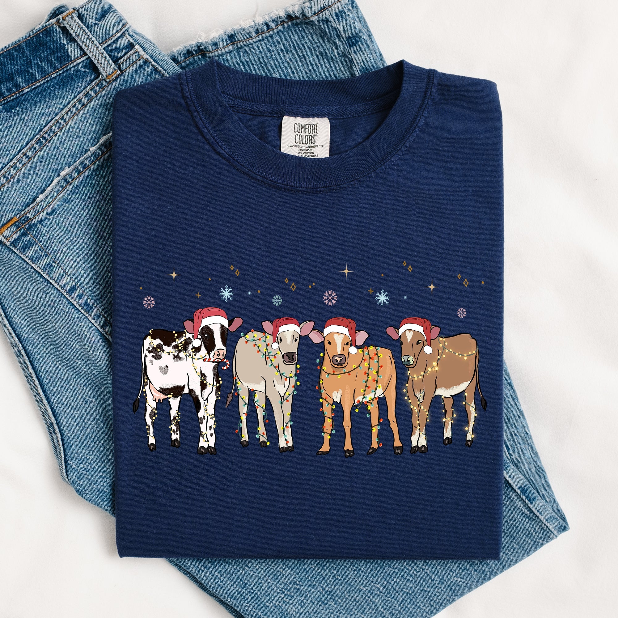 Christmas Calves Holstein Santa Farm Life Winter Snow Xmas Cozy Holiday Edition Comfort Colors Tee