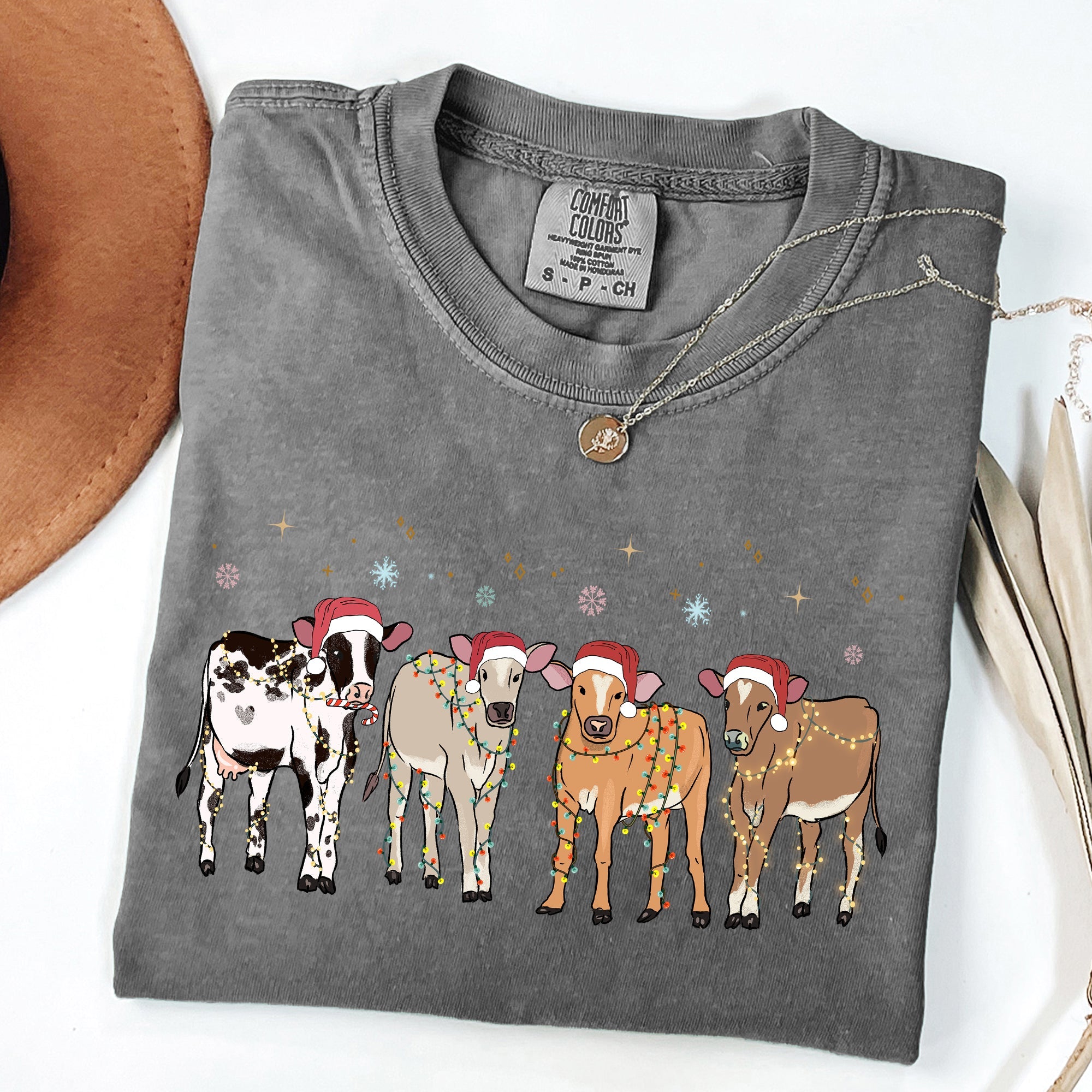 Christmas Calves Holstein Santa Farm Life Winter Snow Xmas Cozy Holiday Edition Comfort Colors Tee